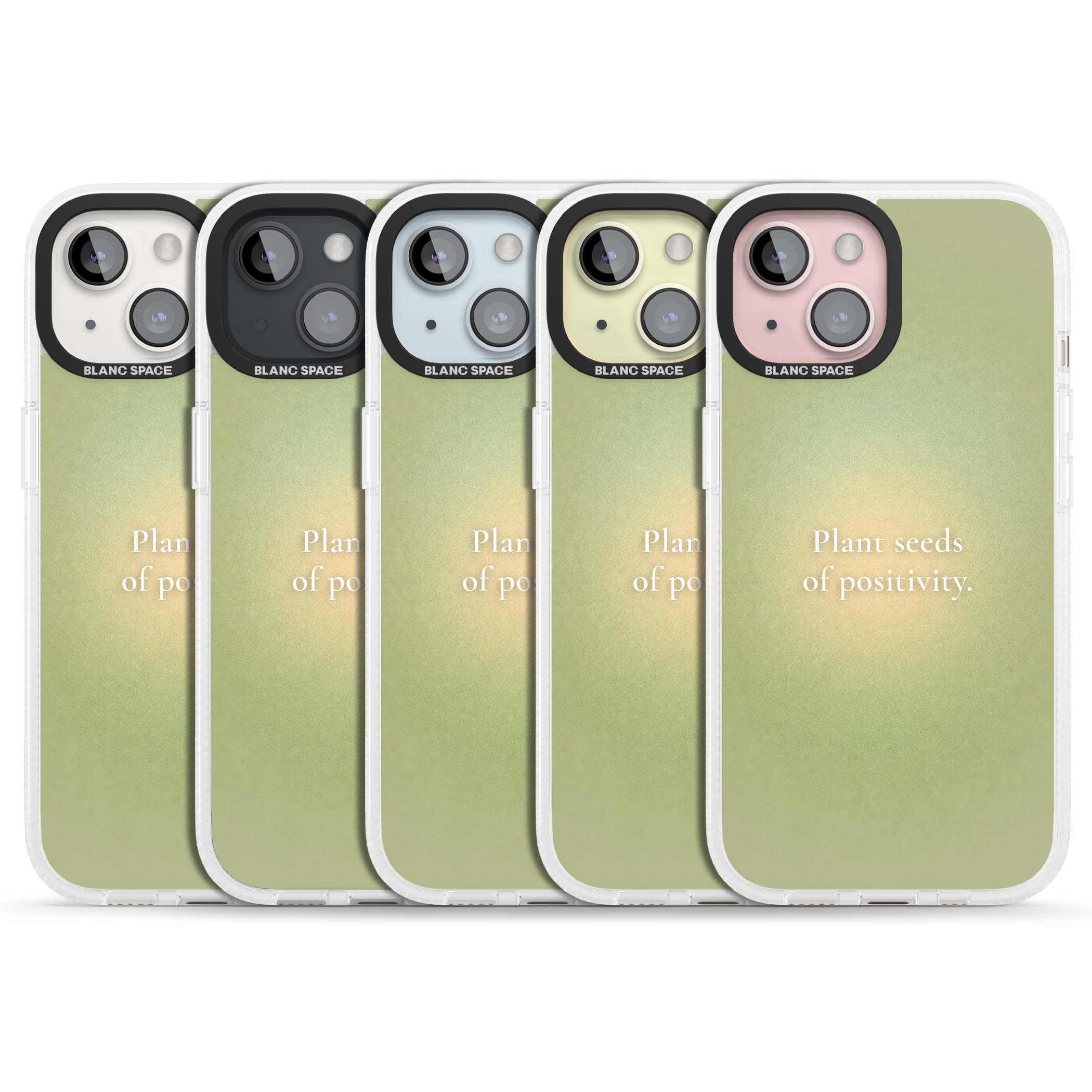 Seeds of Positivity quote iPhone case featuring a sage green aura gradient and golden glow affirmation | Clear Case Impact Air case for iPhone 15, iPhone 15 Plus