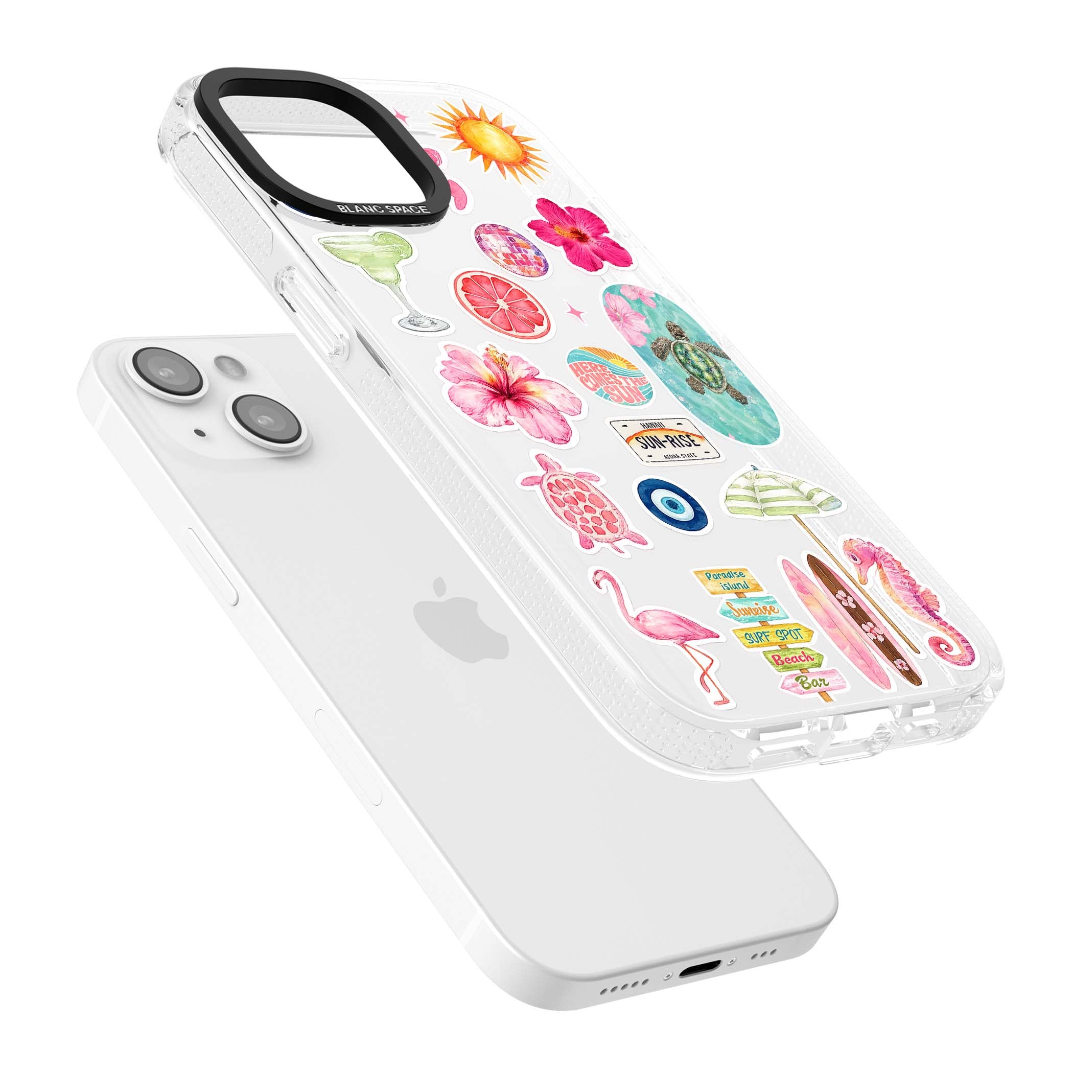 Aloha Sticker Mix tropical summer iPhone case featuring pink hibiscus, sea turtles, flamingo and beach umbrella stickers | Clear Case Impact Air case for iPhone 15, iPhone 15 Plus
