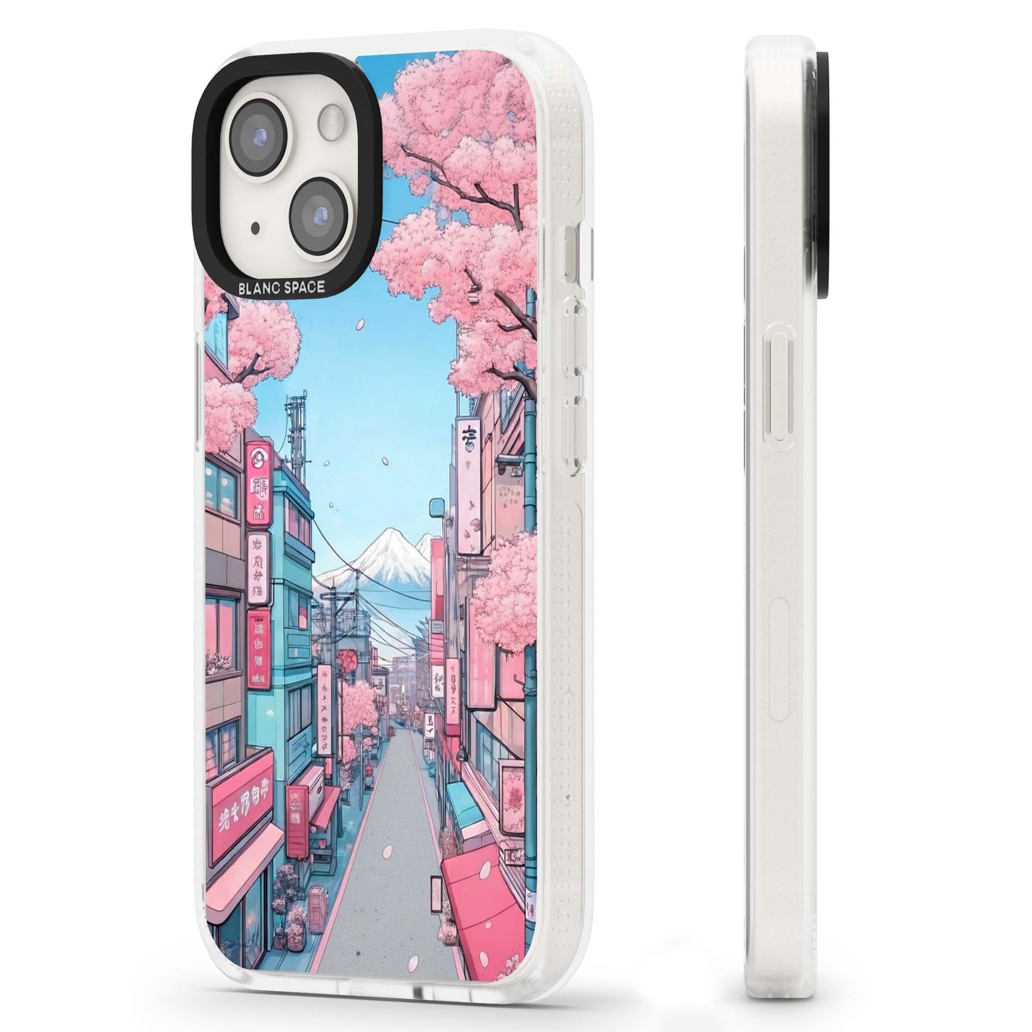 Sakura Lane anime iPhone case featuring Tokyo street scene with cherry blossoms and Mount Fuji | Clear Case Impact Air case for iPhone 15, iPhone 15 Plus