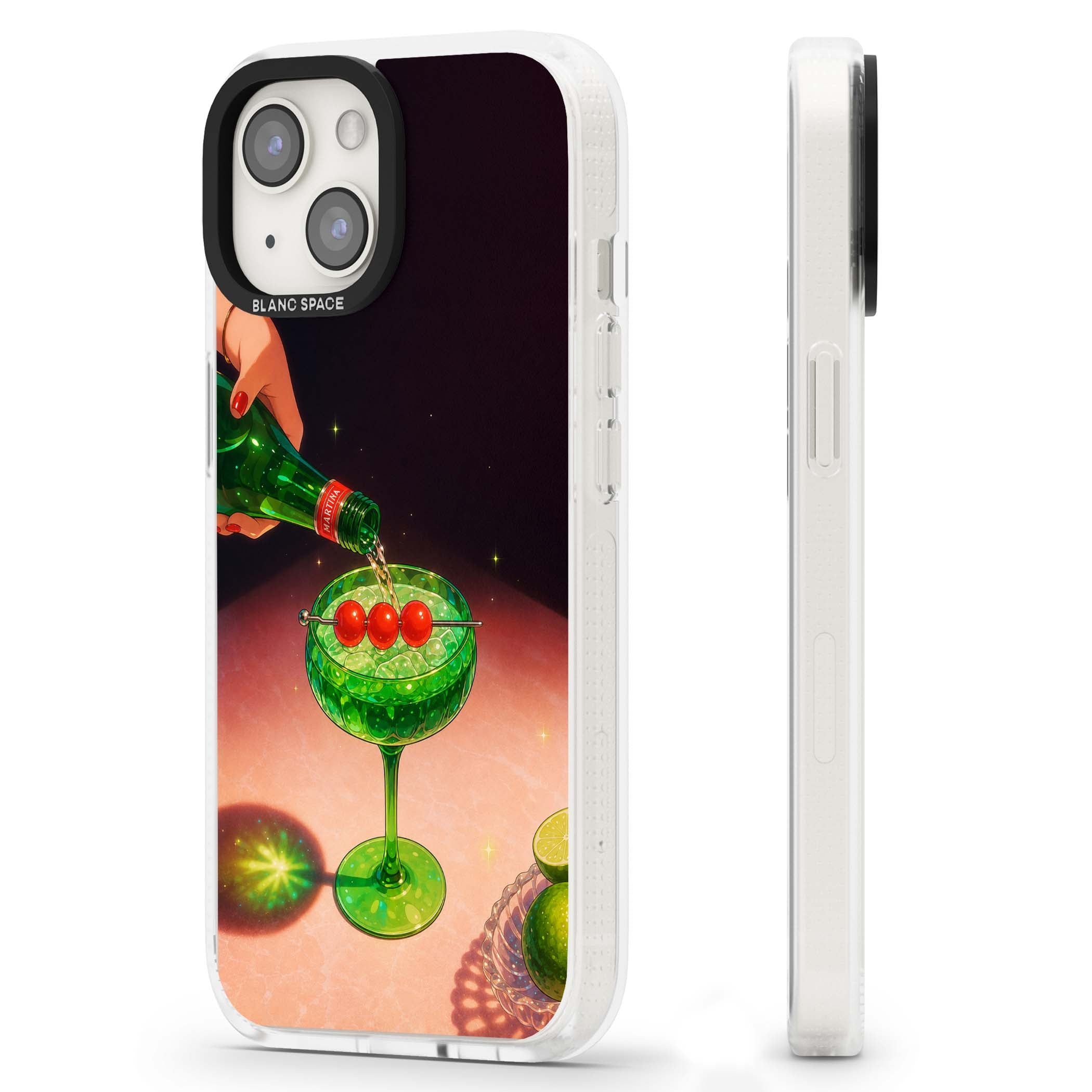 Absinthe Hour cocktail iPhone case featuring a green coupe glass, cherry garnish and vintage bottle pour illustration | Clear Case Impact Air case for iPhone 15, iPhone 15 Plus