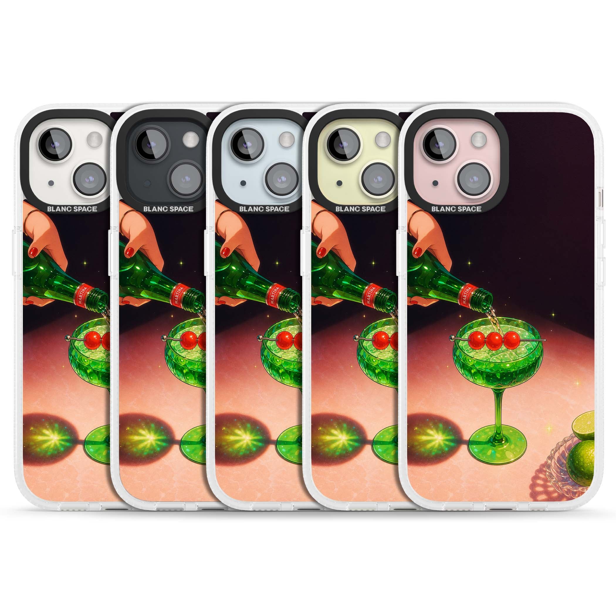 Absinthe Hour cocktail iPhone case featuring a green coupe glass, cherry garnish and vintage bottle pour illustration | Clear Case Impact Air case for iPhone 15, iPhone 15 Plus