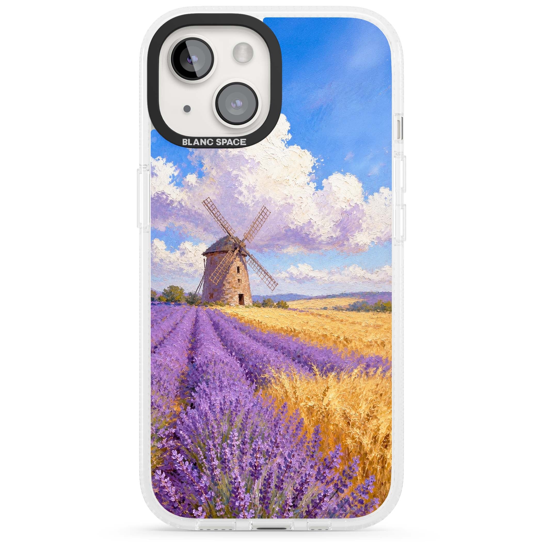 Lavender Mill cottagecore iPhone case featuring a French windmill, lavender field and golden wheat oil painting | Clear Case Impact Air case for iPhone 15, iPhone 15 Plus
