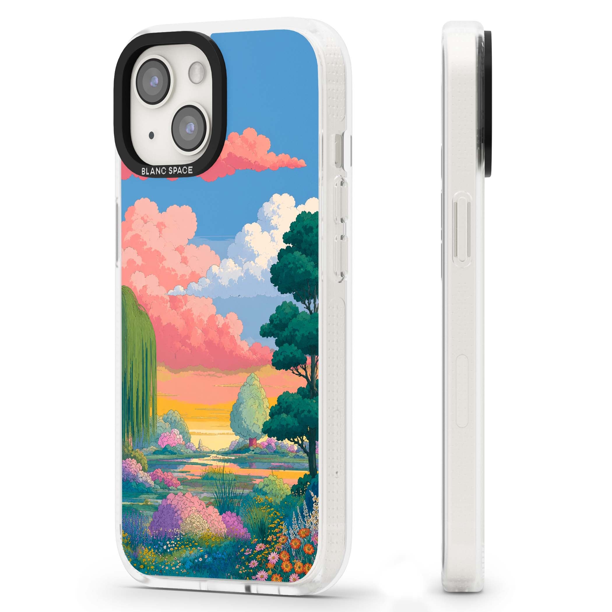 Dream Valley anime landscape iPhone case featuring pink sunset clouds, willow trees and wildflowers | Clear Case Impact Air case for iPhone 15, iPhone 15 Plus