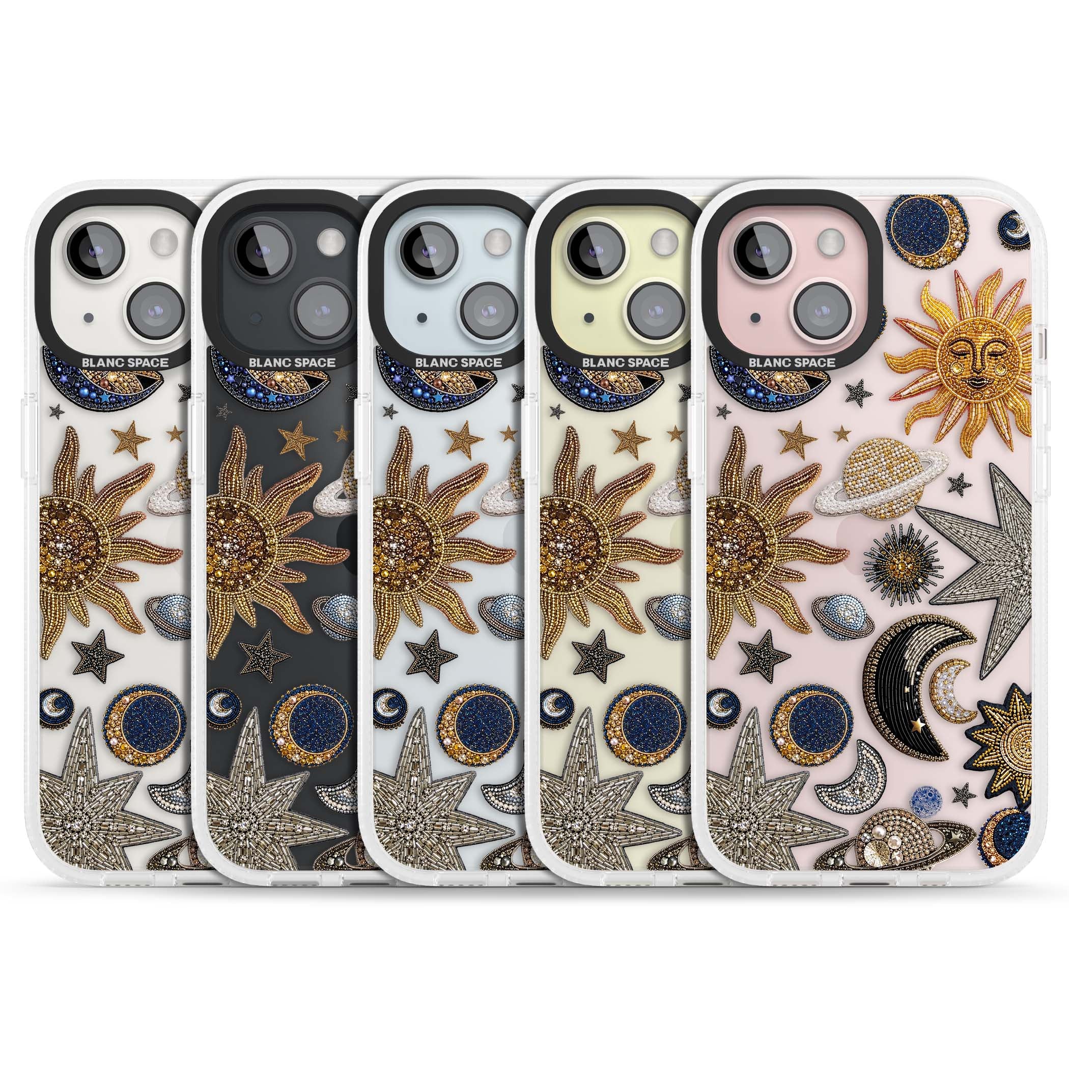 Beaded Cosmos celestial iPhone case featuring embroidered golden suns, beaded planets and silver shooting stars | Clear Case Impact Air case for iPhone 15, iPhone 15 Plus