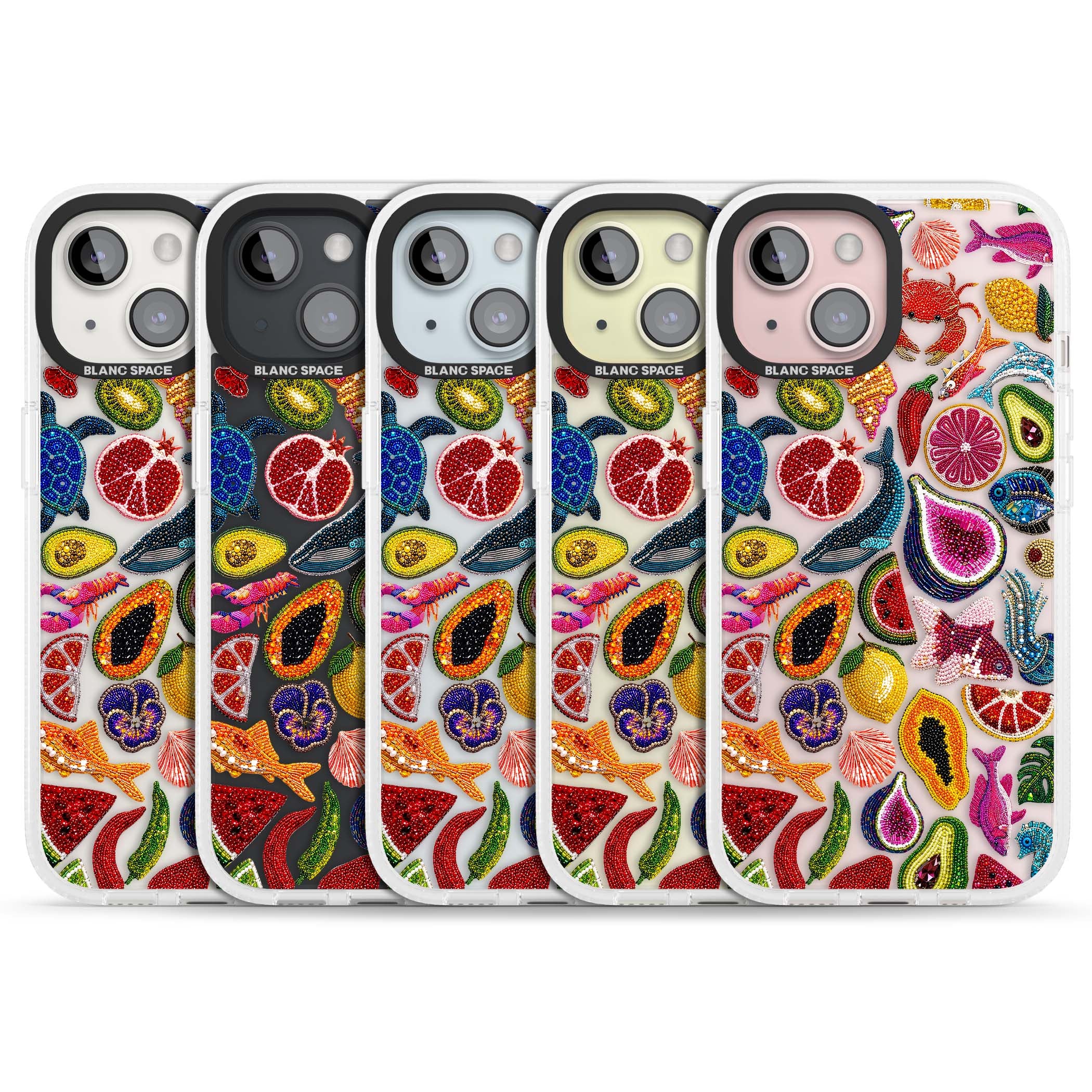 Beaded Tropic tropical iPhone case featuring beaded fruit, fish, crabs and seashells in vibrant colour | Clear Case Impact Air case for iPhone 15, iPhone 15 Plus