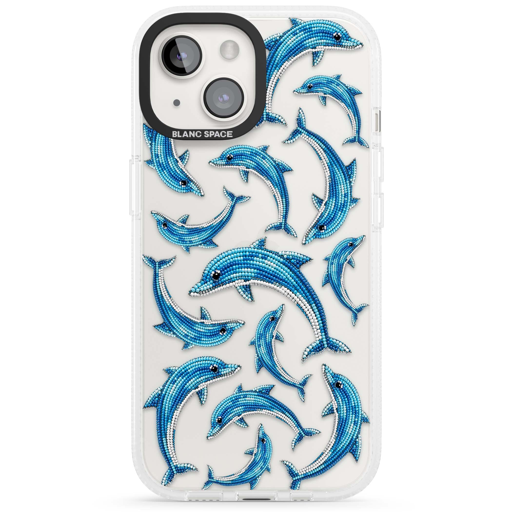 Beaded Dolphins coastal iPhone case featuring beaded dolphins in blue and white swimming across a clear background | Clear Case Impact Air case for iPhone 15, iPhone 15 Plus