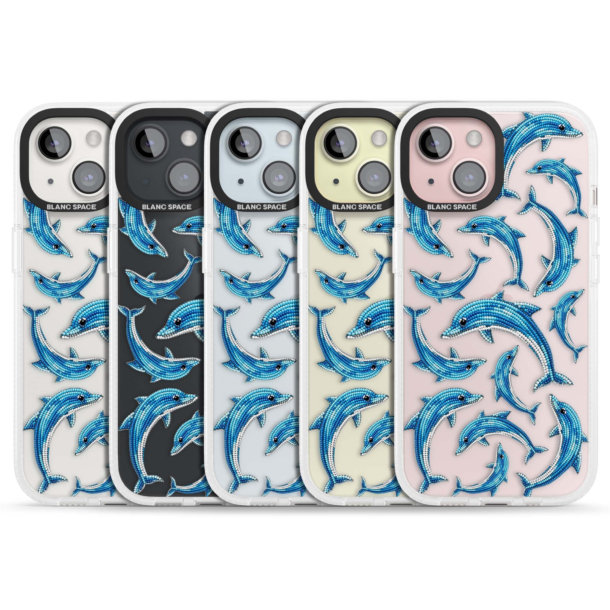 Beaded Dolphins coastal iPhone case featuring beaded dolphins in blue and white swimming across a clear background | Clear Case Impact Air case for iPhone 15, iPhone 15 Plus