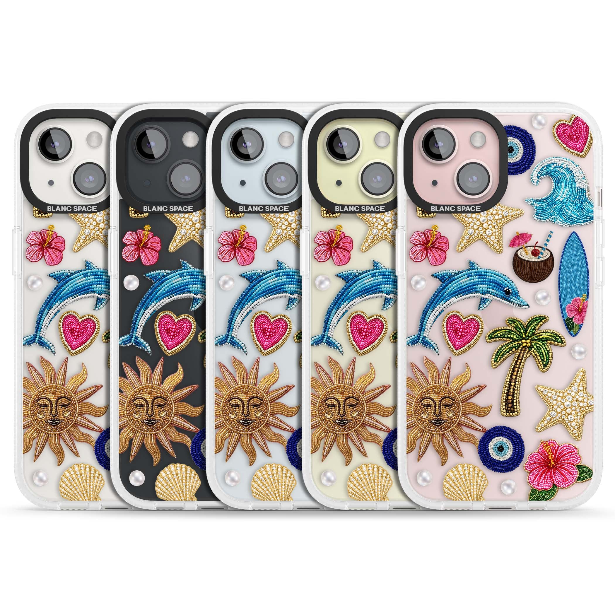 Beaded Beach coastal summer iPhone case featuring embroidered evil eye, hibiscus flowers, dolphin and palm tree patches | Clear Case Impact Air case for iPhone 15, iPhone 15 Plus