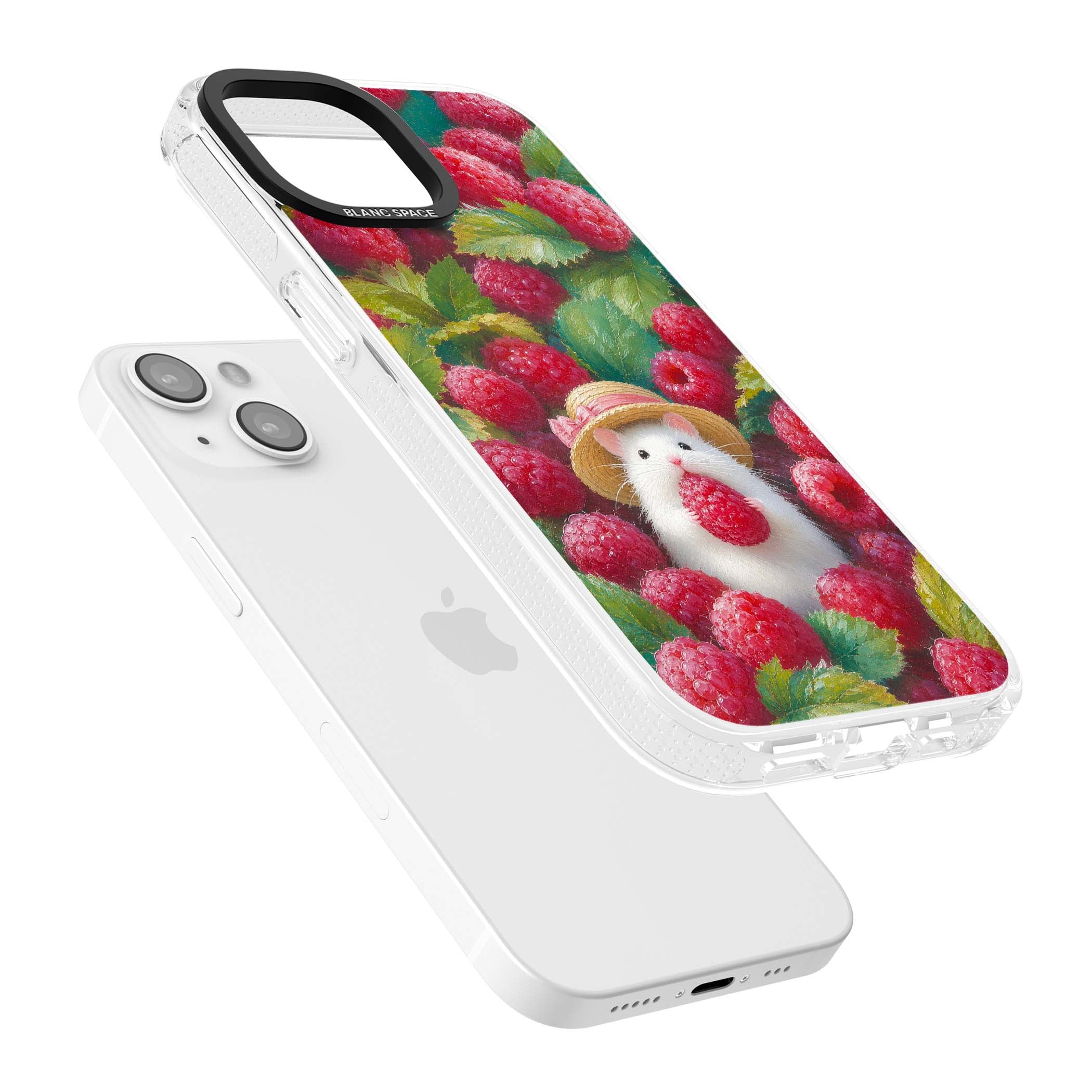 Berry Forager cottagecore iPhone case featuring a white hamster in a straw hat holding a raspberry surrounded by ripe ber | Clear Case Impact Air case for iPhone 15, iPhone 15 Plus