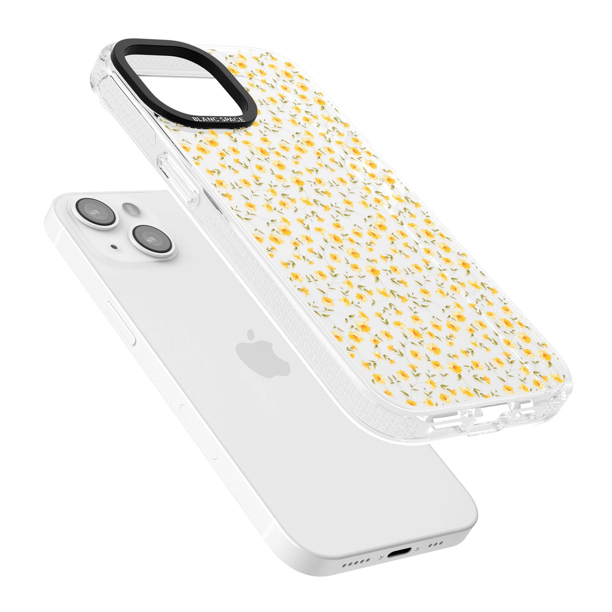 Buttercup wildflower iPhone case featuring tiny yellow flowers and trailing green vines on clear | Clear Case Impact Air case for iPhone 15, iPhone 15 Plus