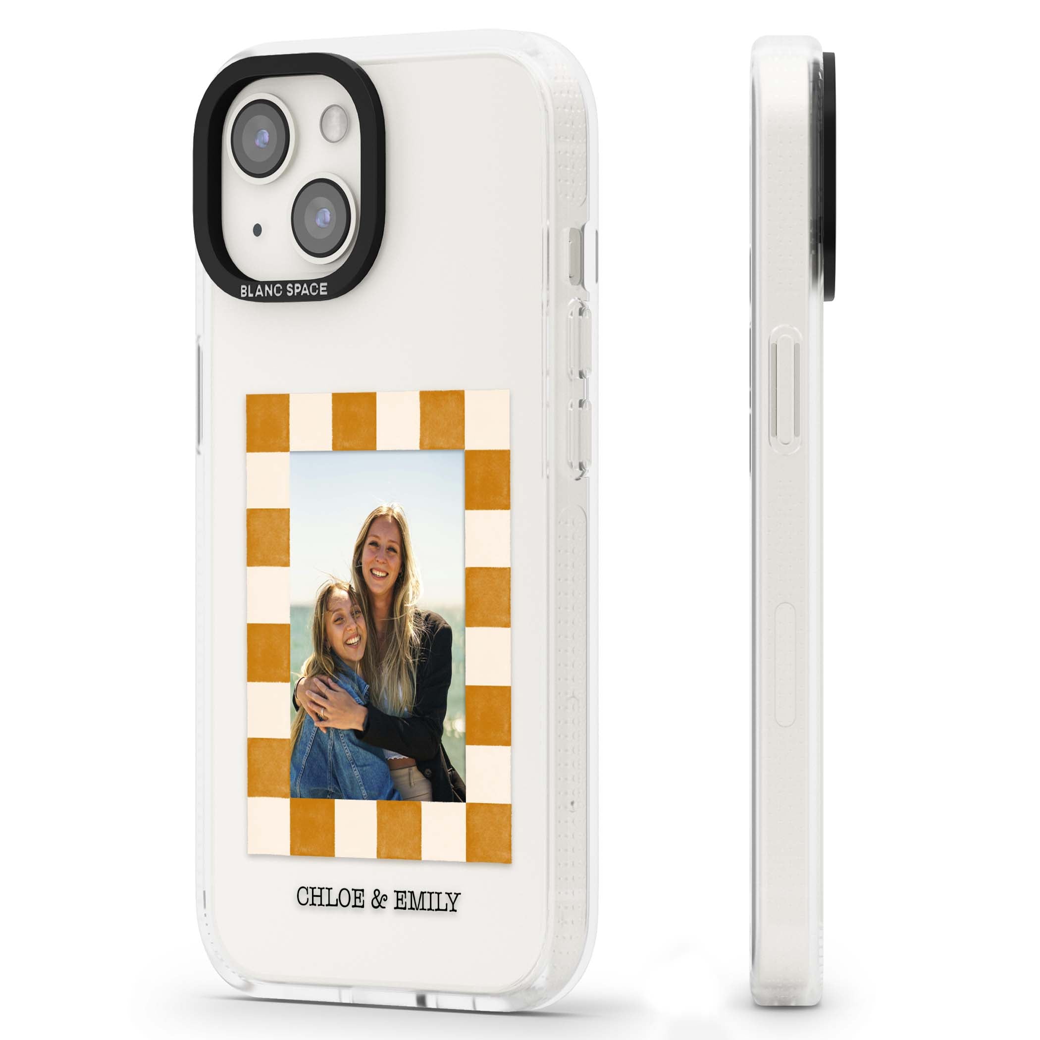 Citrus Check Photo personalised iPhone case with custom photo, orange checkered frame and names underneath | Clear Case Impact Air case for iPhone 15, iPhone 15 Plus