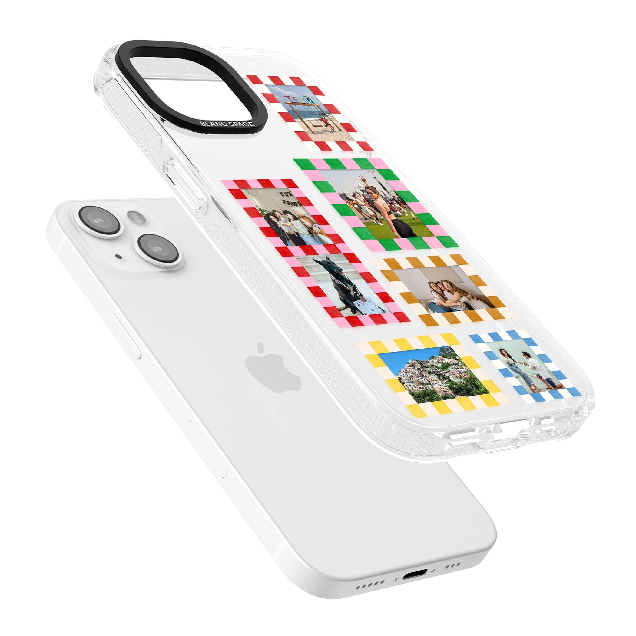 Italian Check Frames custom photo collage iPhone case featuring six checkered photo frames in red, green, pink and  | Clear Case Impact Air case for iPhone 15, iPhone 15 Plus