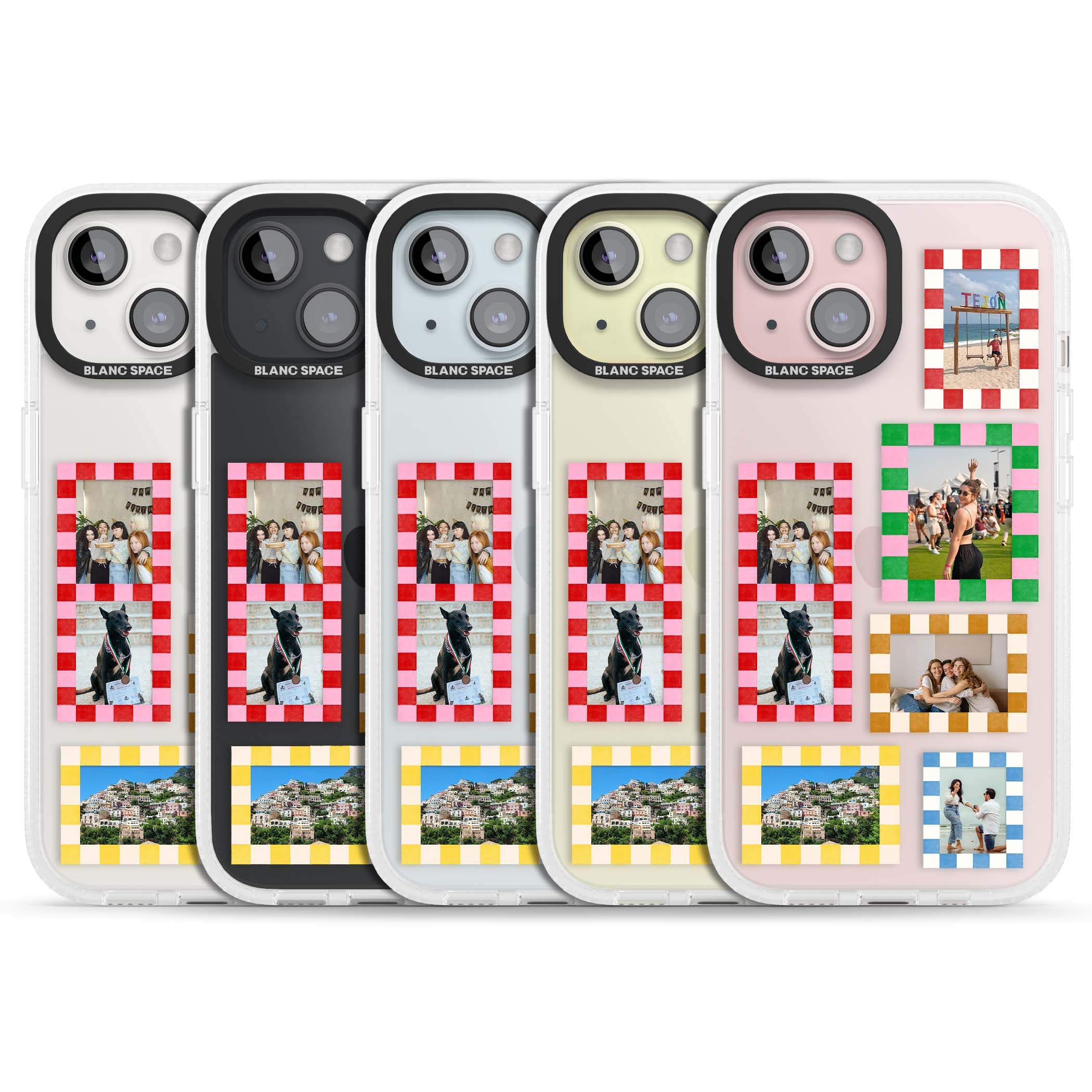 Italian Check Frames custom photo collage iPhone case featuring six checkered photo frames in red, green, pink and  | Clear Case Impact Air case for iPhone 15, iPhone 15 Plus