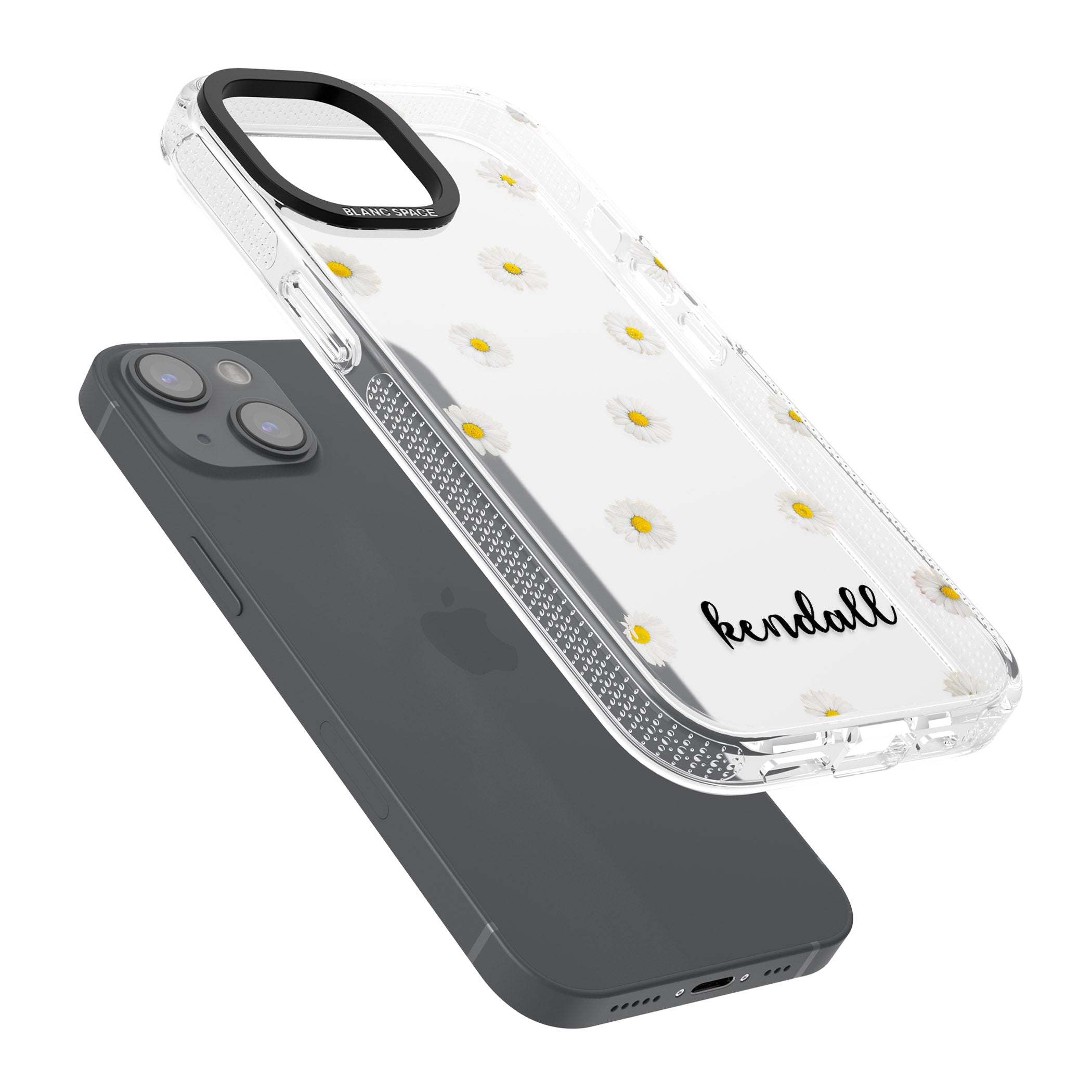 Personalised White Daisies & Cursive iPhone 15 / 14 / 13 Clear Case Impact Air - Blanc Space