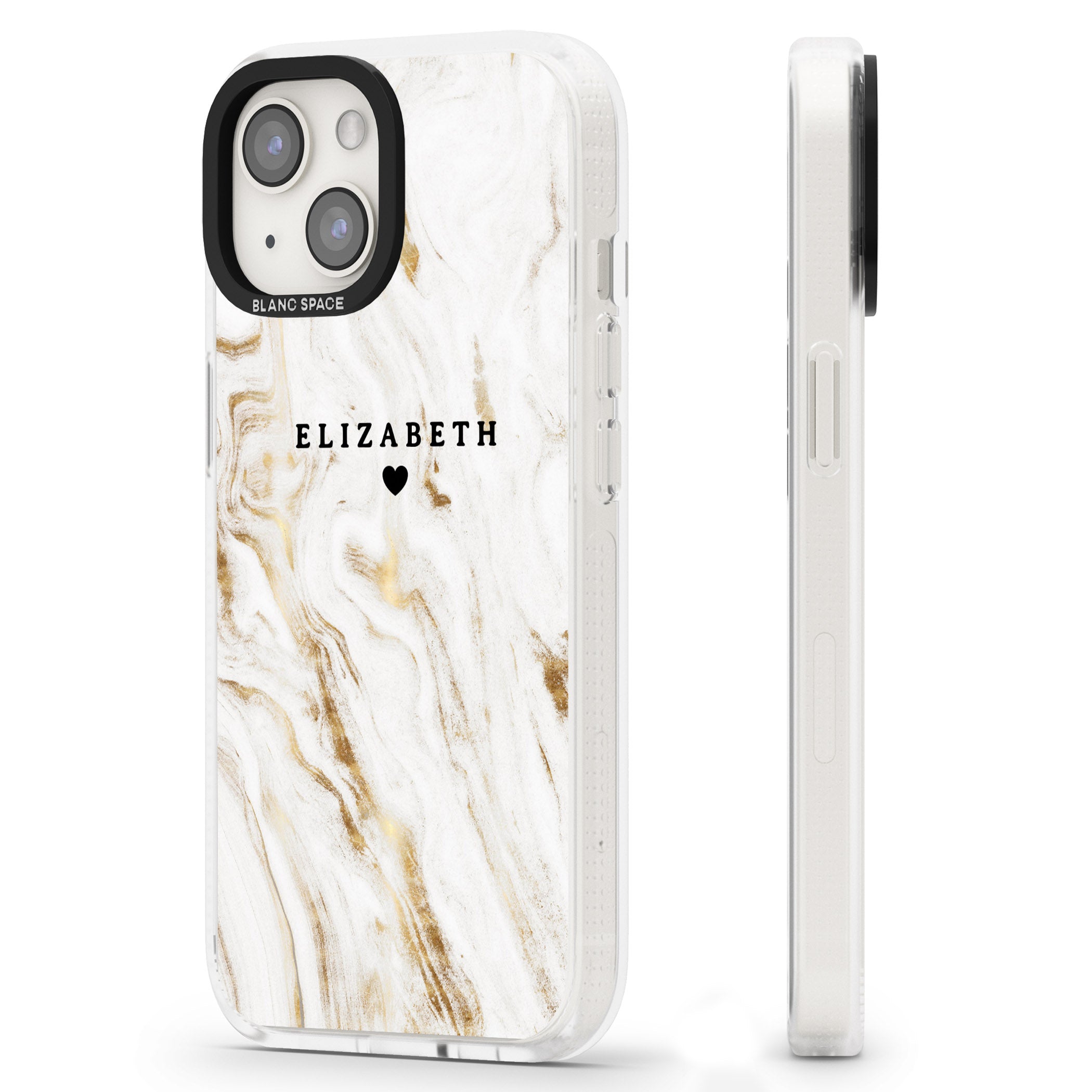 Personalised White & Gold Swirl Marble iPhone 15 / 14 / 13 Clear Case Impact Air - Blanc Space