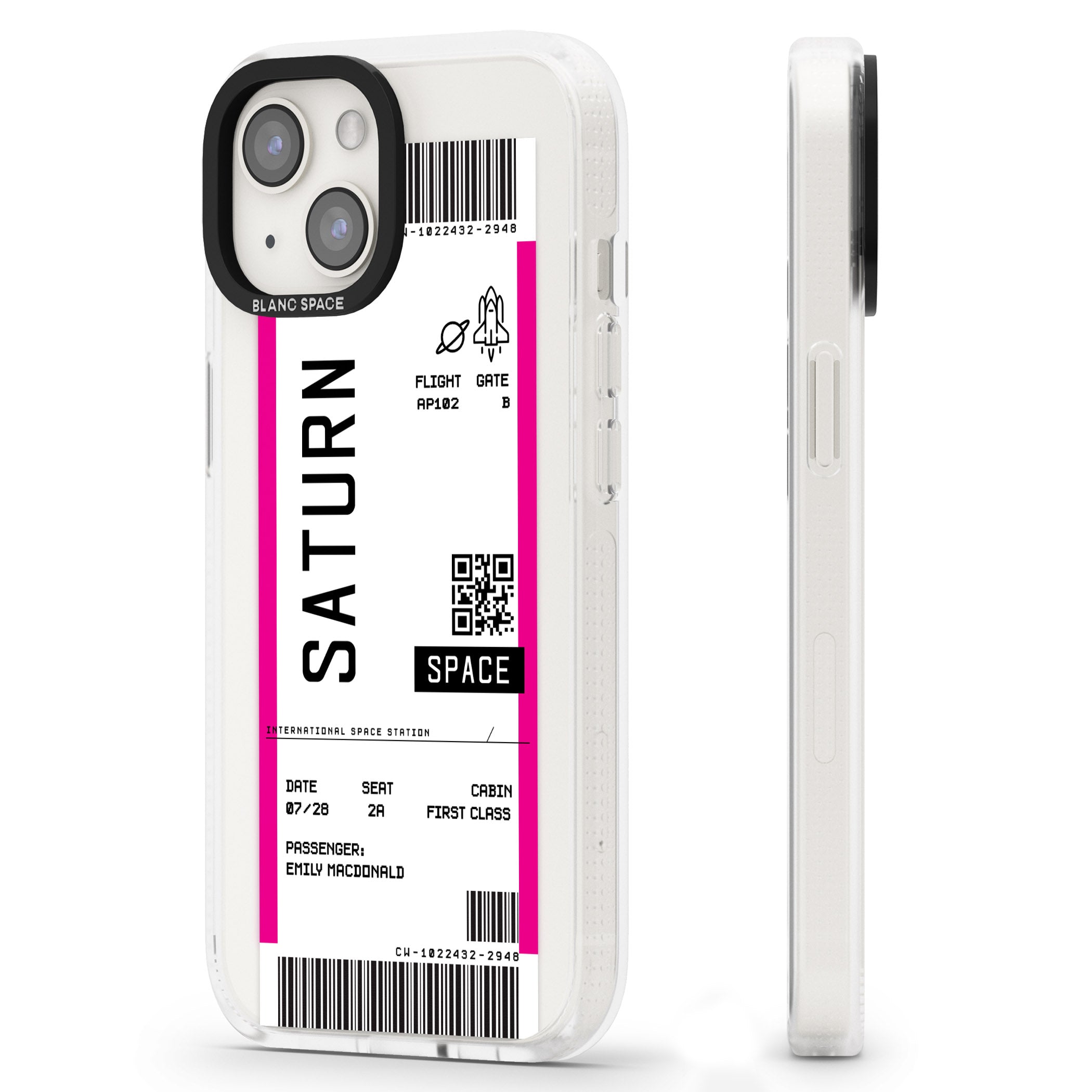 Personalised Saturn Space Travel Ticket iPhone 15 / 14 / 13 Clear Case Impact Air - Blanc Space