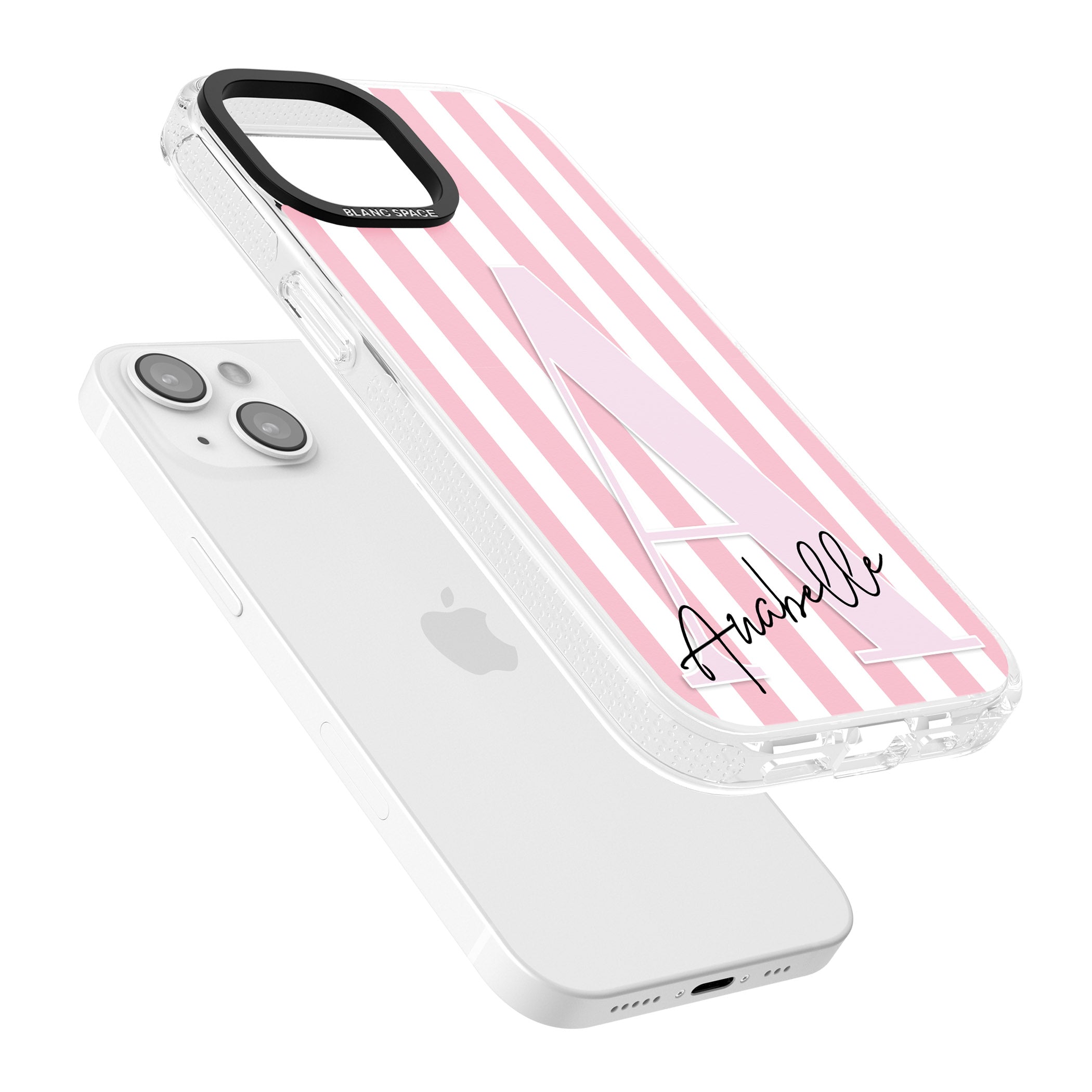 Personalised Pink Stripes & Large Monogram iPhone 15 / 14 / 13 Clear Case Impact Air - Blanc Space