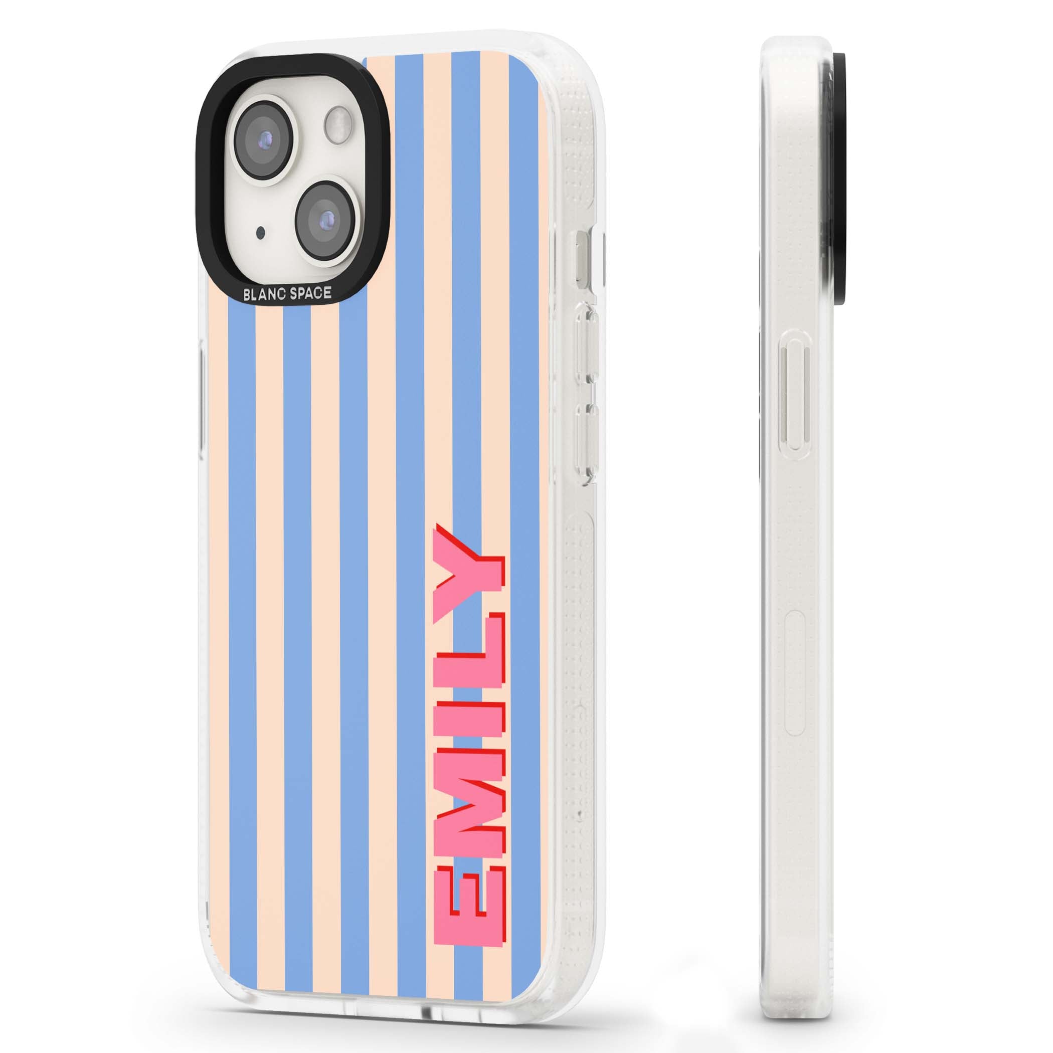 Coastal Stripe personalised coastal iPhone case with blue and peach vertical stripes and custom pink name | Clear Case Impact Air case for iPhone 15, iPhone 15 Plus