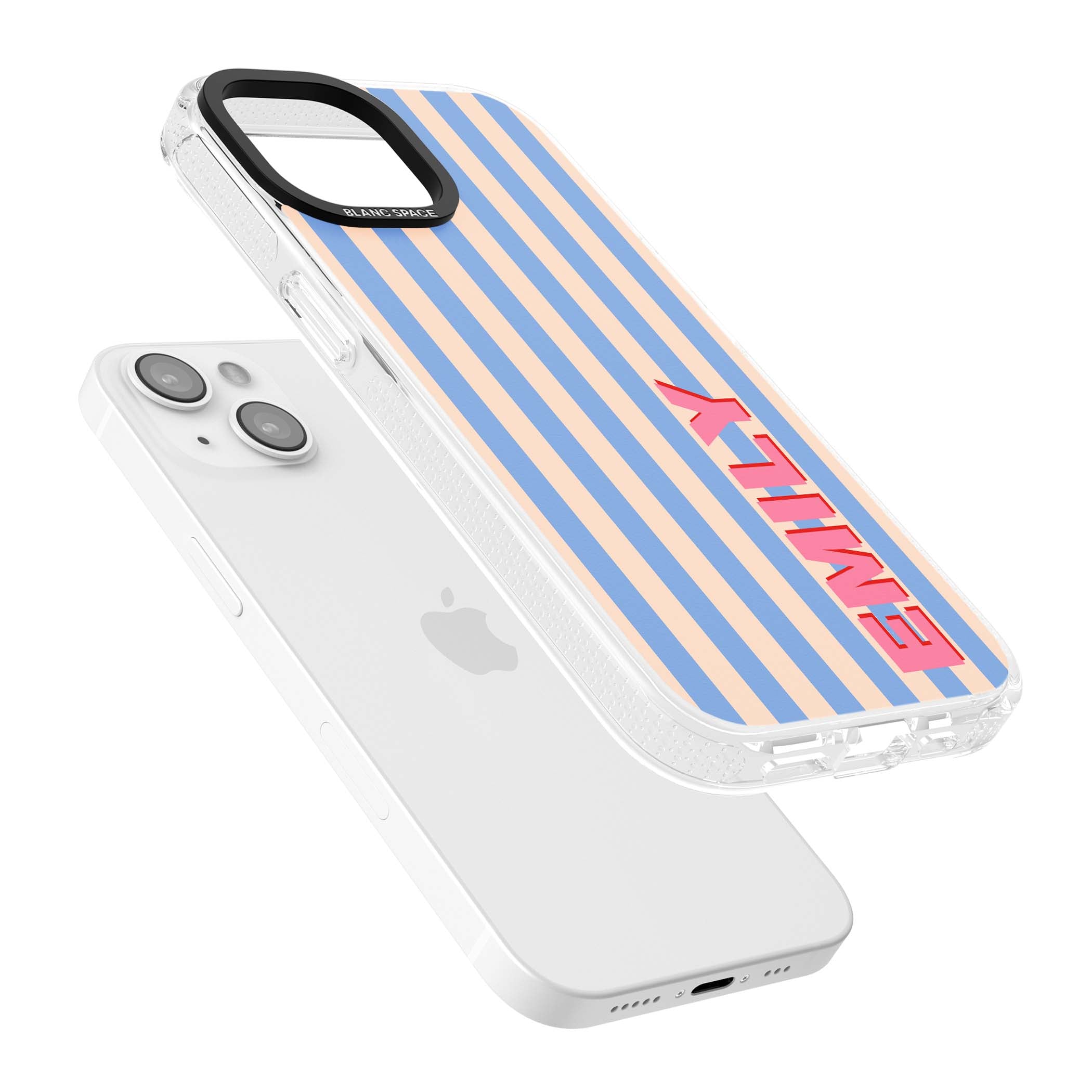 Coastal Stripe personalised coastal iPhone case with blue and peach vertical stripes and custom pink name | Clear Case Impact Air case for iPhone 15, iPhone 15 Plus