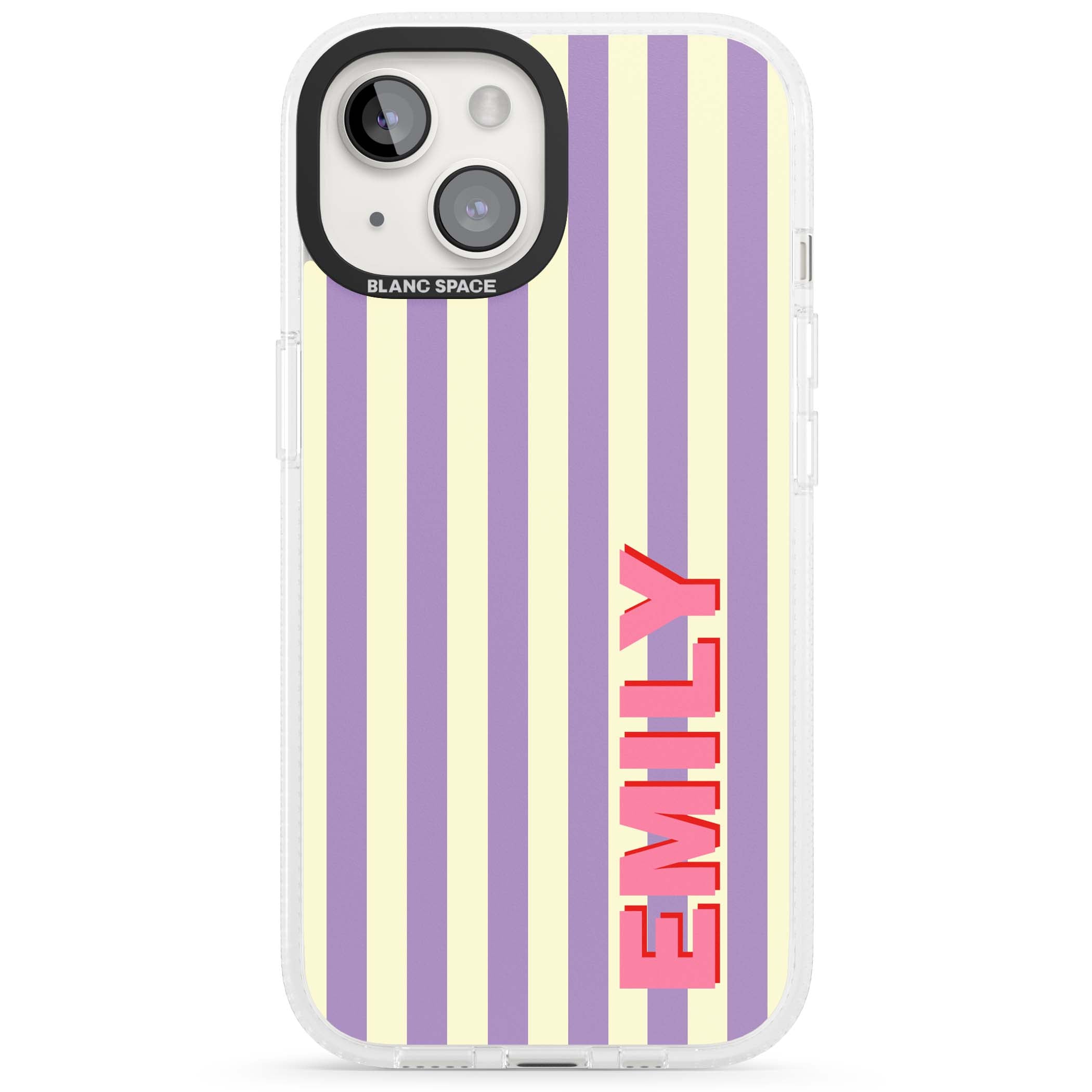 Valensole Stripe personalised iPhone case with purple and cream vertical stripes and pink custom name | Clear Case Impact Air case for iPhone 15, iPhone 15 Plus