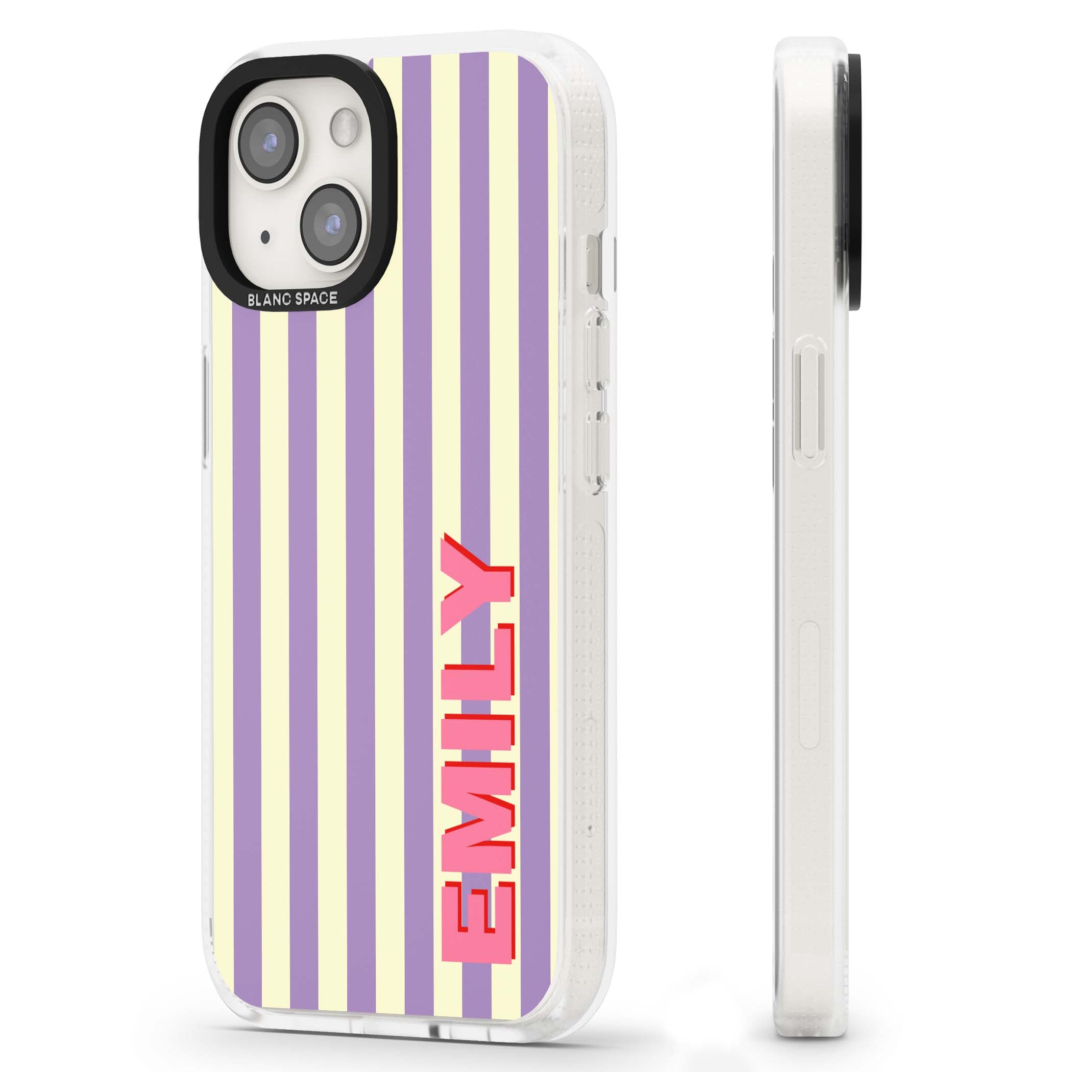 Valensole Stripe personalised iPhone case with purple and cream vertical stripes and pink custom name | Clear Case Impact Air case for iPhone 15, iPhone 15 Plus
