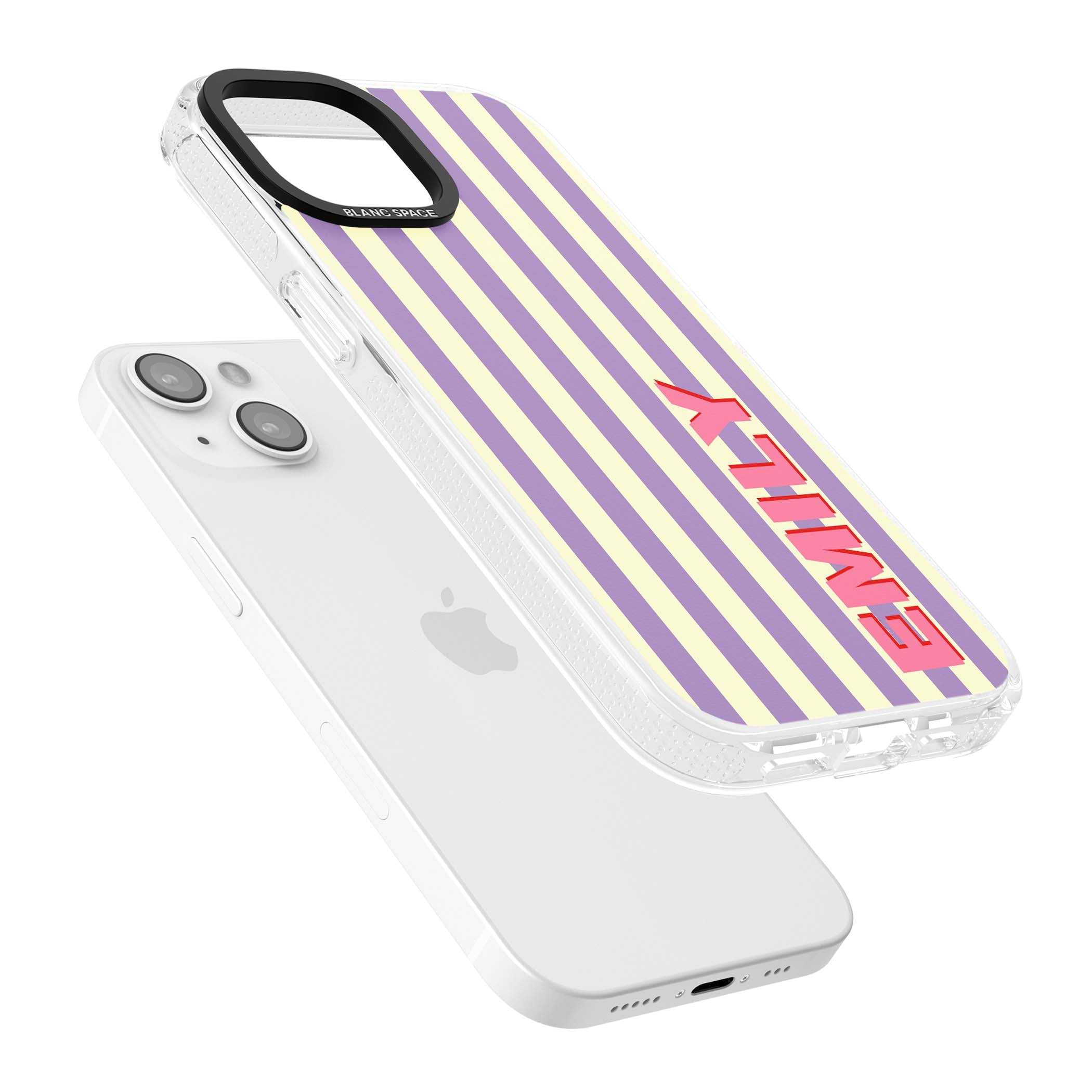 Valensole Stripe personalised iPhone case with purple and cream vertical stripes and pink custom name | Clear Case Impact Air case for iPhone 15, iPhone 15 Plus