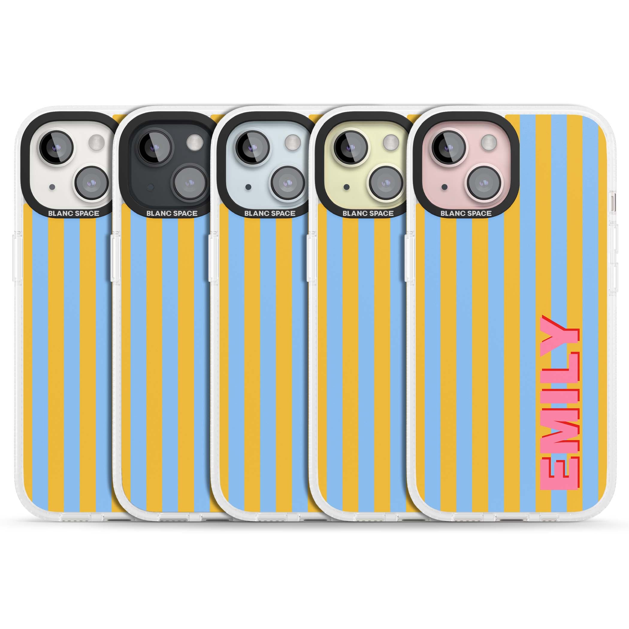Carribean Stripe personalised coastal iPhone case with yellow and blue vertical stripes and a custom pink name | Clear Case Impact Air case for iPhone 15, iPhone 15 Plus