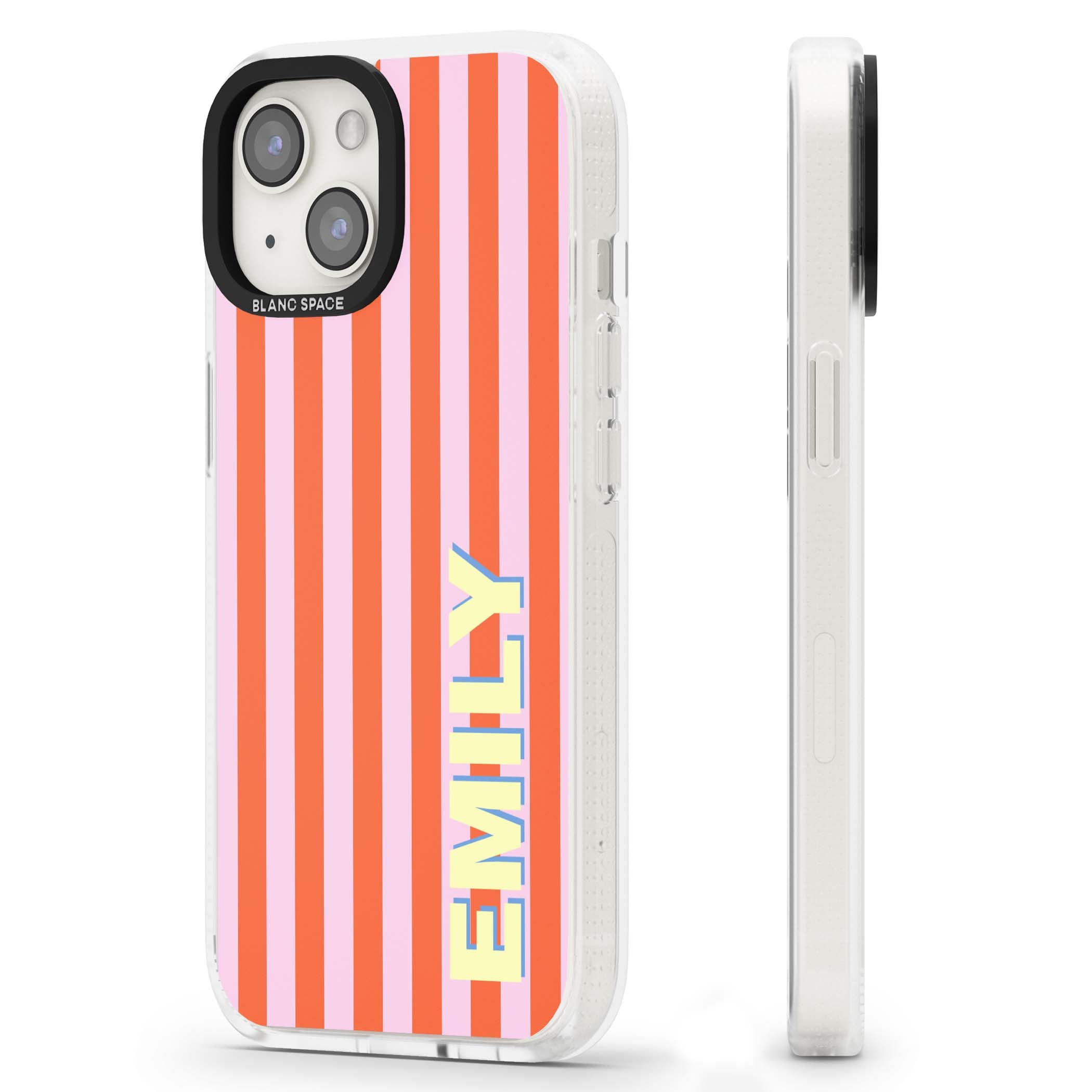 Havana Stripe personalised iPhone case featuring pink and orange vertical stripes with a custom yellow name | Clear Case Impact Air case for iPhone 15, iPhone 15 Plus