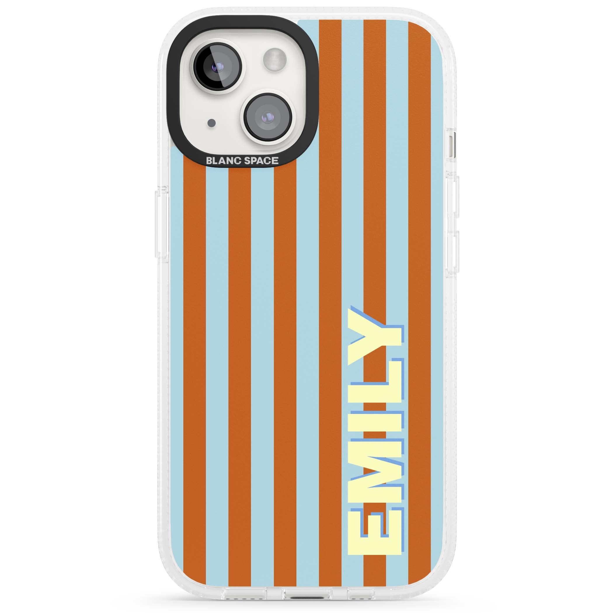 Cappadocia Stripe personalised coastal iPhone case featuring blue and orange vertical stripes with custom cream name | Clear Case Impact Air case for iPhone 15, iPhone 15 Plus