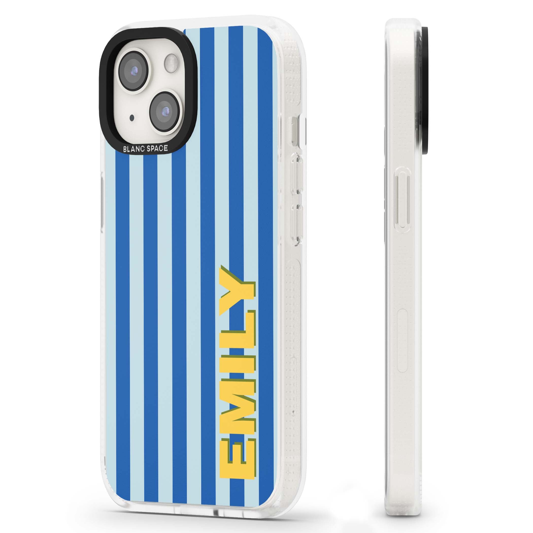 Athenian Stripe personalised preppy iPhone case featuring blue vertical stripes and a custom yellow name | Clear Case Impact Air case for iPhone 15, iPhone 15 Plus