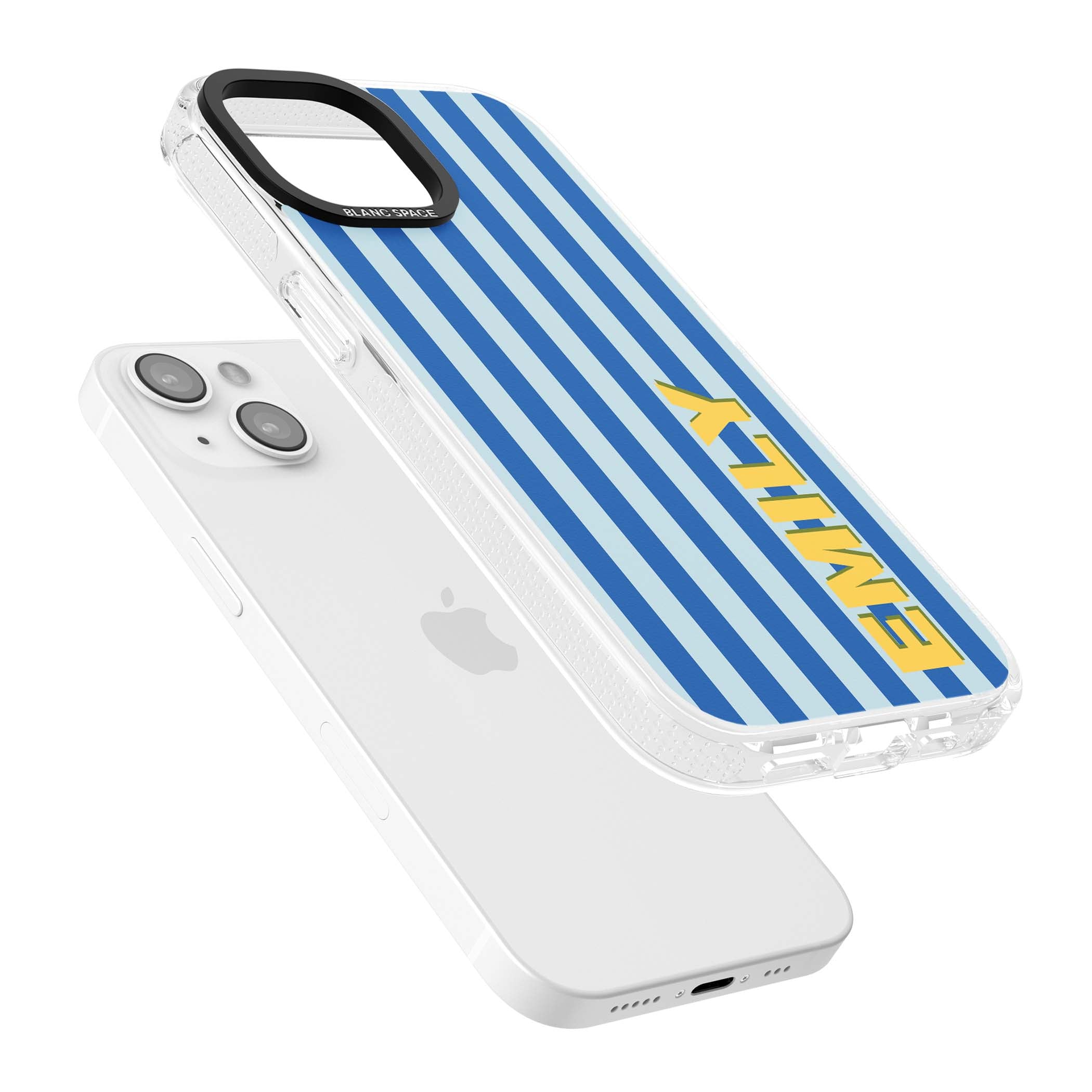 Athenian Stripe personalised preppy iPhone case featuring blue vertical stripes and a custom yellow name | Clear Case Impact Air case for iPhone 15, iPhone 15 Plus