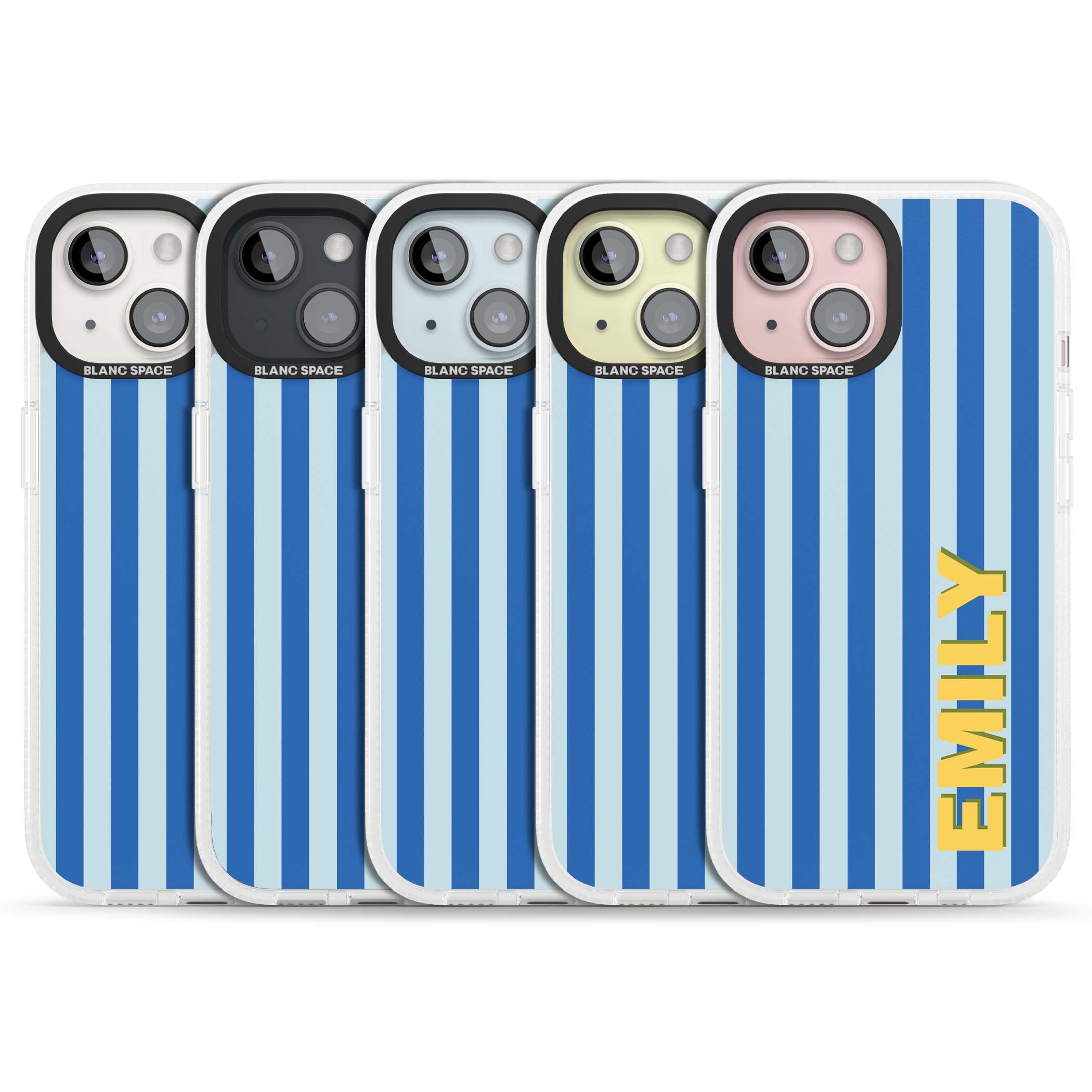 Athenian Stripe personalised preppy iPhone case featuring blue vertical stripes and a custom yellow name | Clear Case Impact Air case for iPhone 15, iPhone 15 Plus