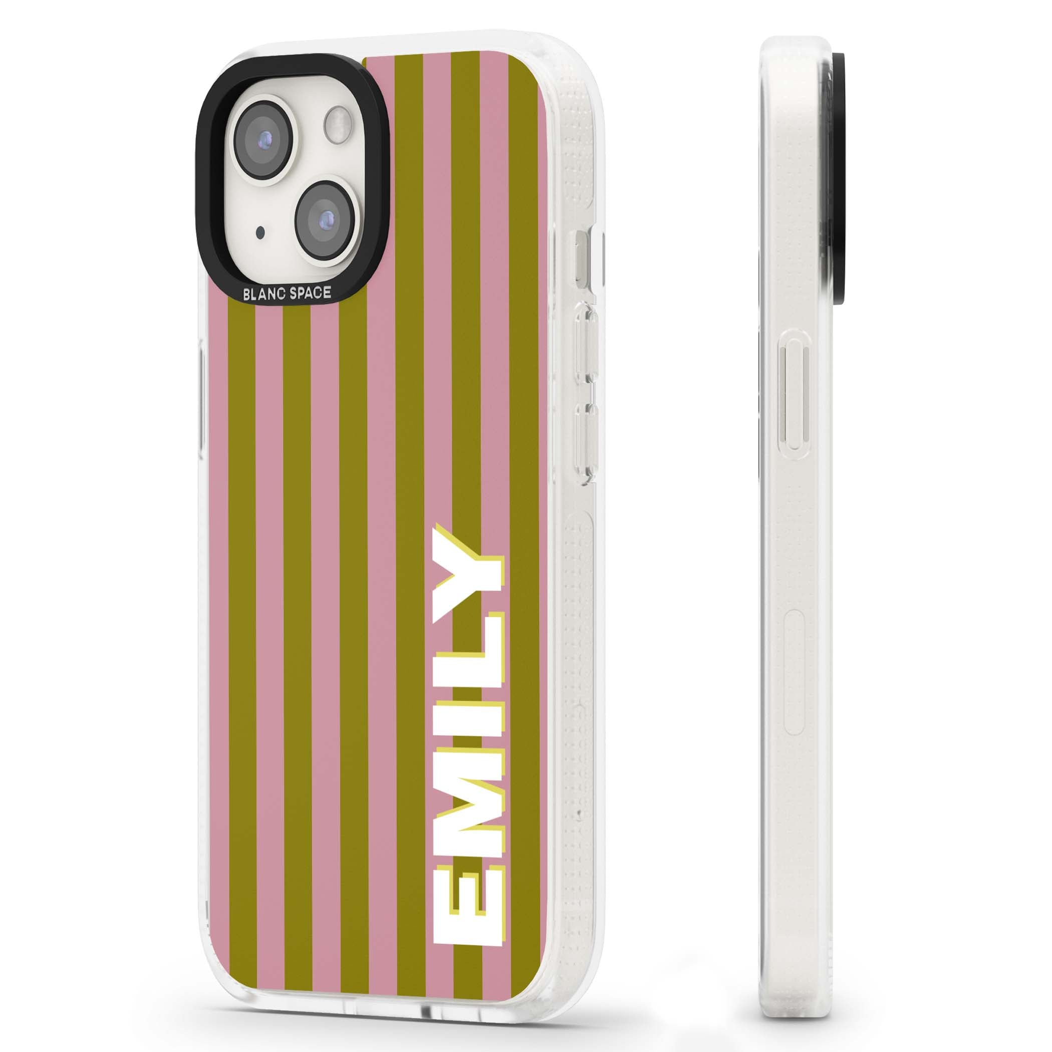 Istanbul Stripe personalised iPhone case featuring pink and olive green vertical stripes with a custom vertical name | Clear Case Impact Air case for iPhone 15, iPhone 15 Plus