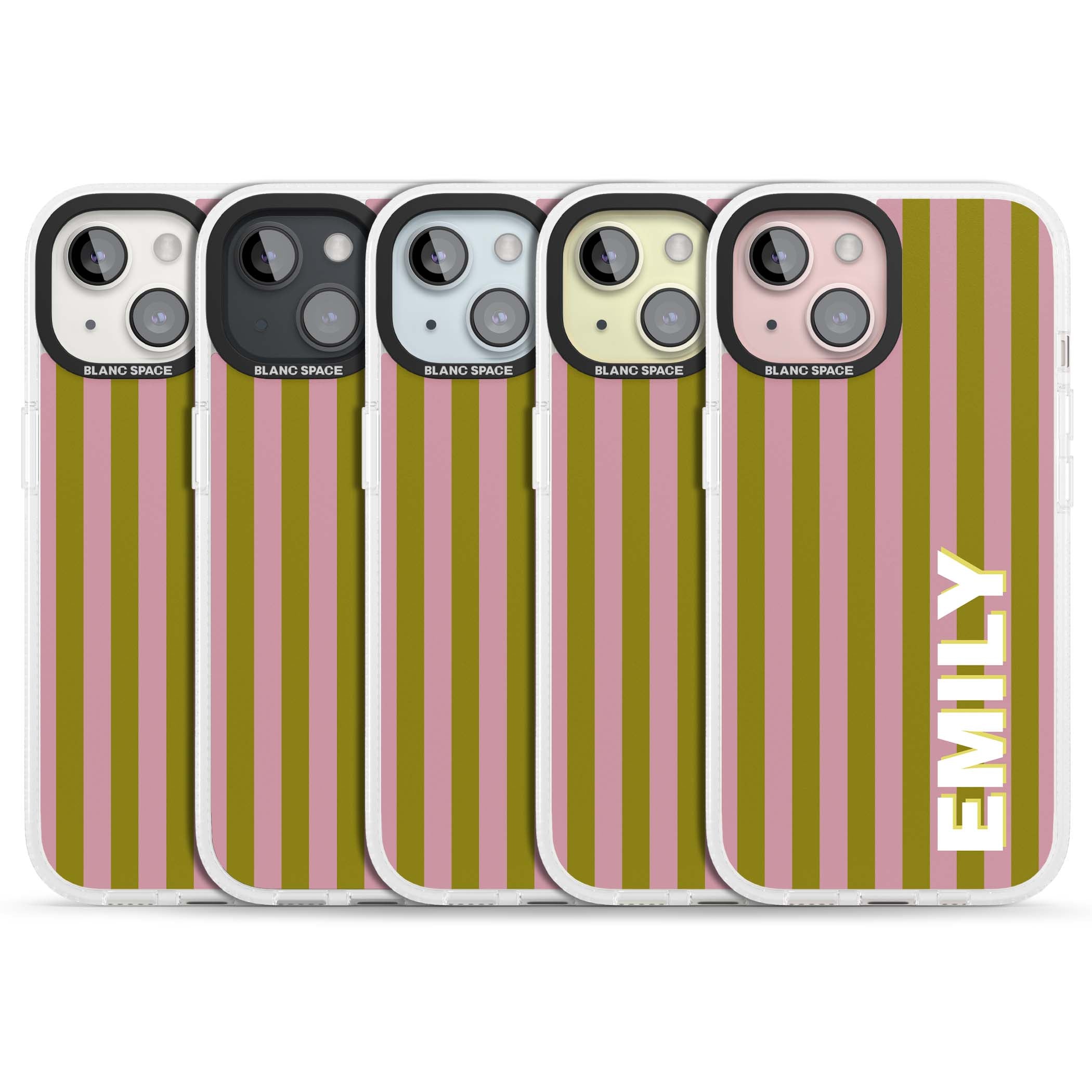 Istanbul Stripe personalised iPhone case featuring pink and olive green vertical stripes with a custom vertical name | Clear Case Impact Air case for iPhone 15, iPhone 15 Plus