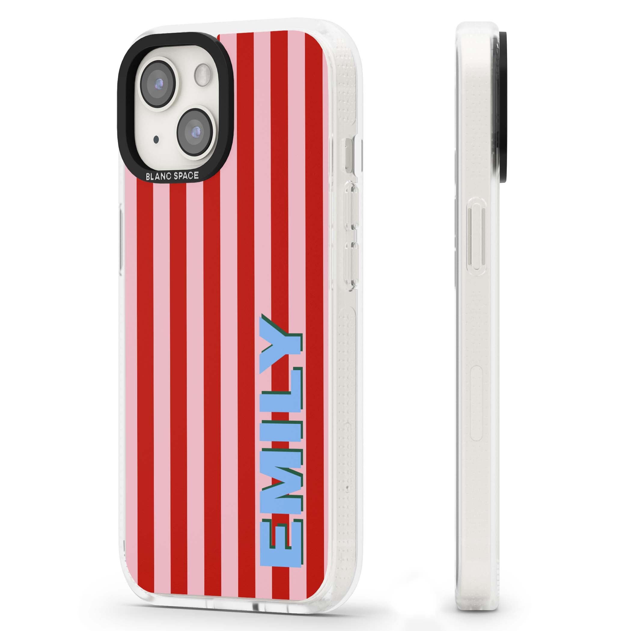 Market Stripe personalised iPhone case with red and pink vertical stripes and custom blue name | Clear Case Impact Air case for iPhone 15, iPhone 15 Plus