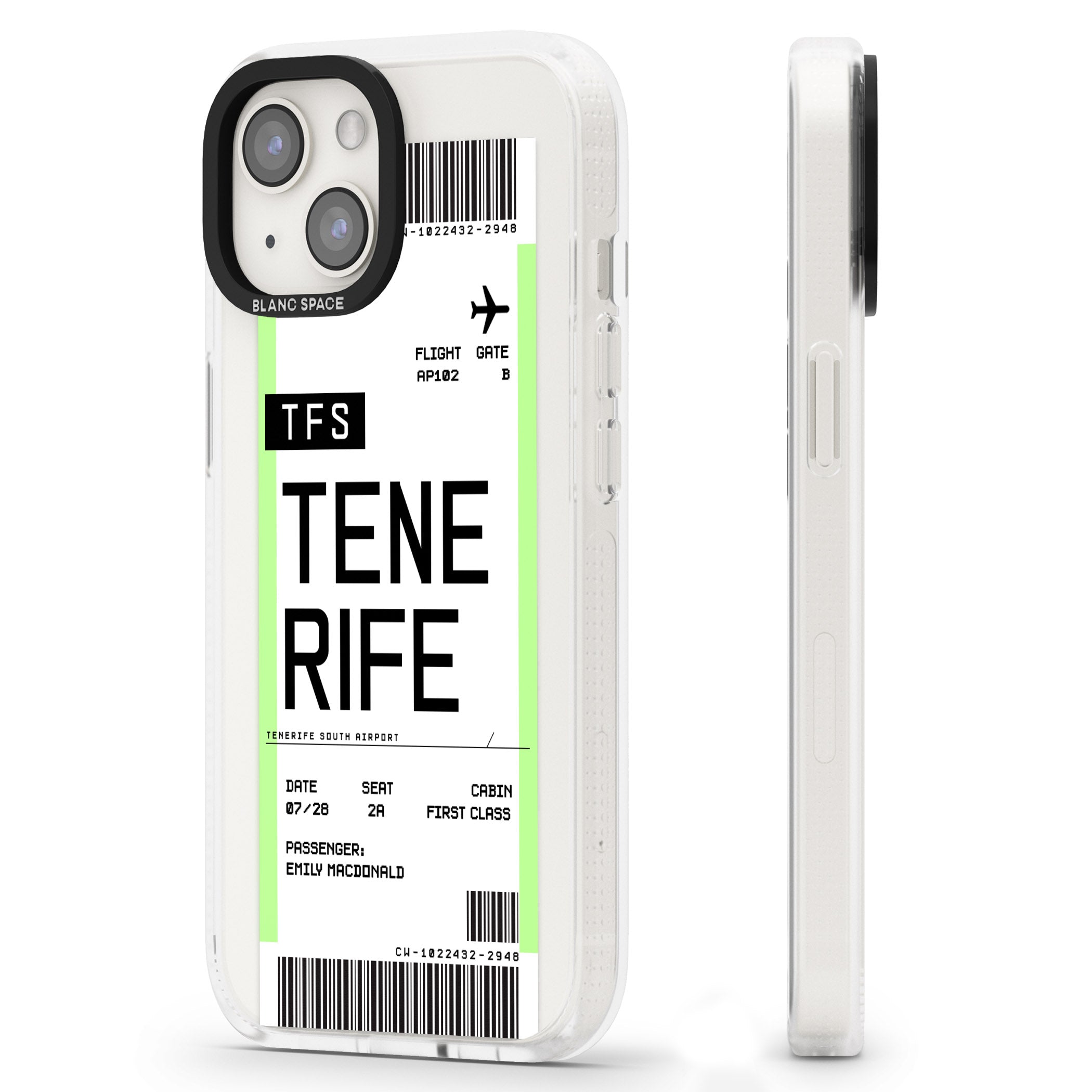 Personalised Tenerife Boarding Pass iPhone 15 / 14 / 13 Clear Case Impact Air - Blanc Space