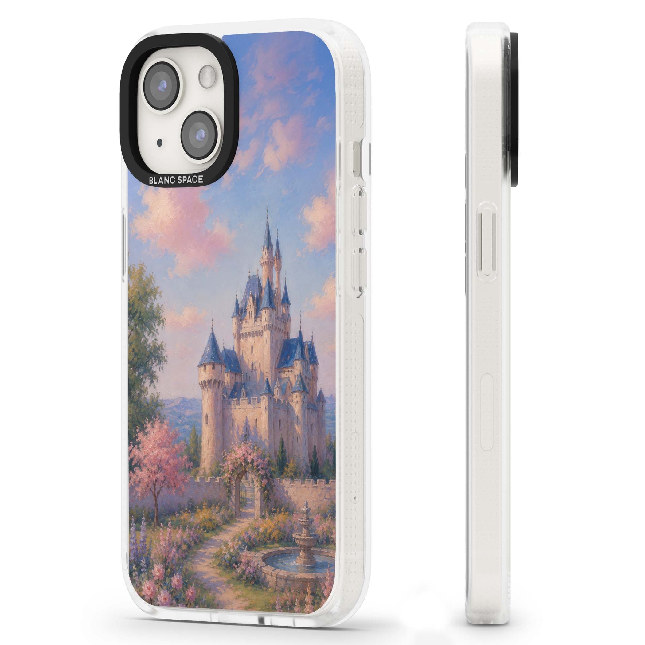 Enchanted Kingdom fairytale iPhone case featuring a romantic castle painting with cherry blossoms and pastel pink sky | Clear Case Impact Air case for iPhone 15, iPhone 15 Plus