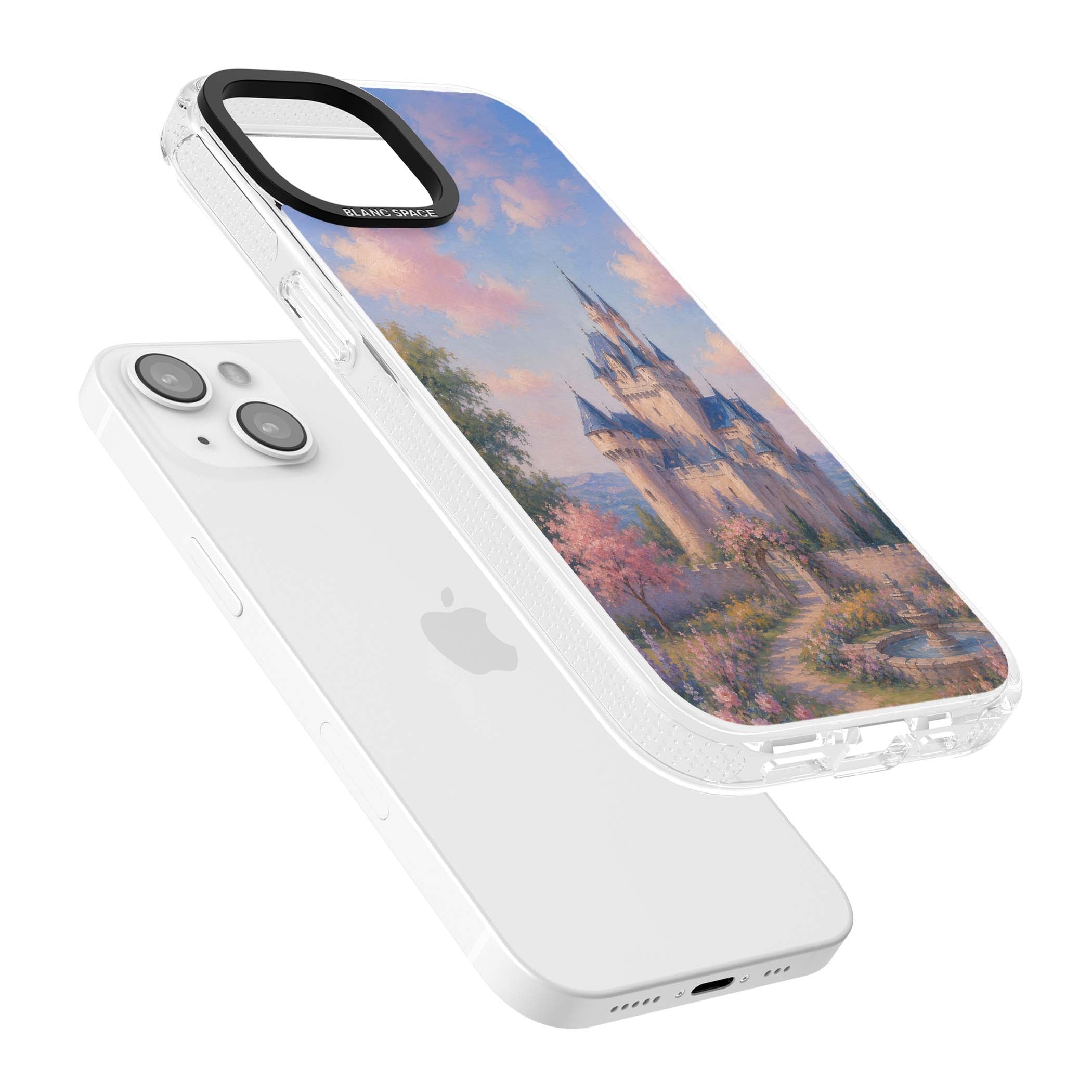 Enchanted Kingdom fairytale iPhone case featuring a romantic castle painting with cherry blossoms and pastel pink sky | Clear Case Impact Air case for iPhone 15, iPhone 15 Plus