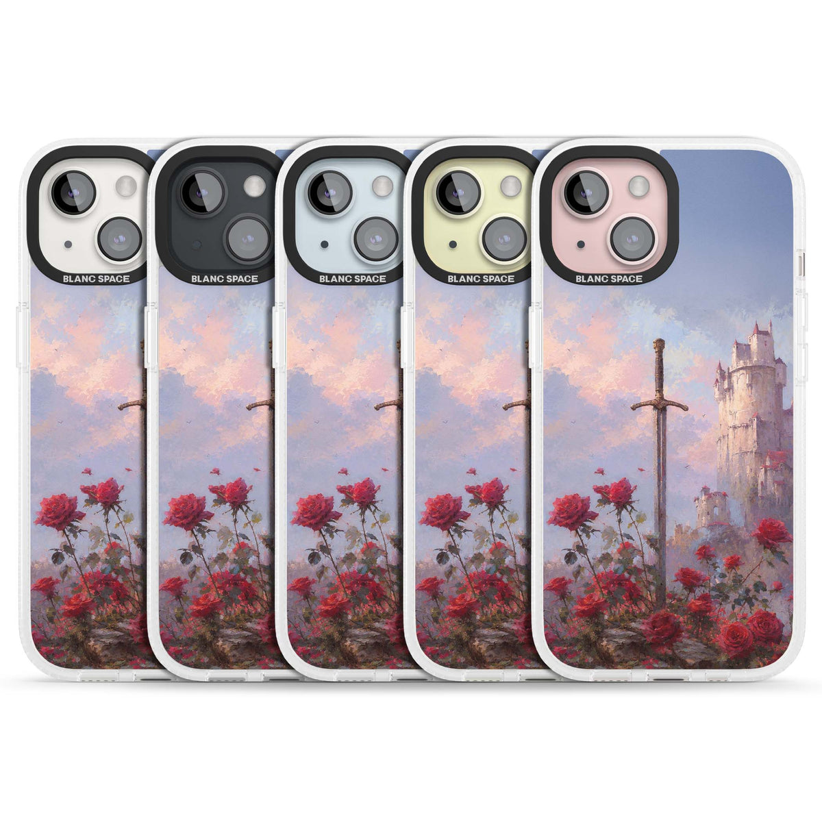 Sword in Roses medieval art iPhone case featuring a sword, red roses, and a misty fairytale castle at sunset | Clear Case Impact Air case for iPhone 15, iPhone 15 Plus