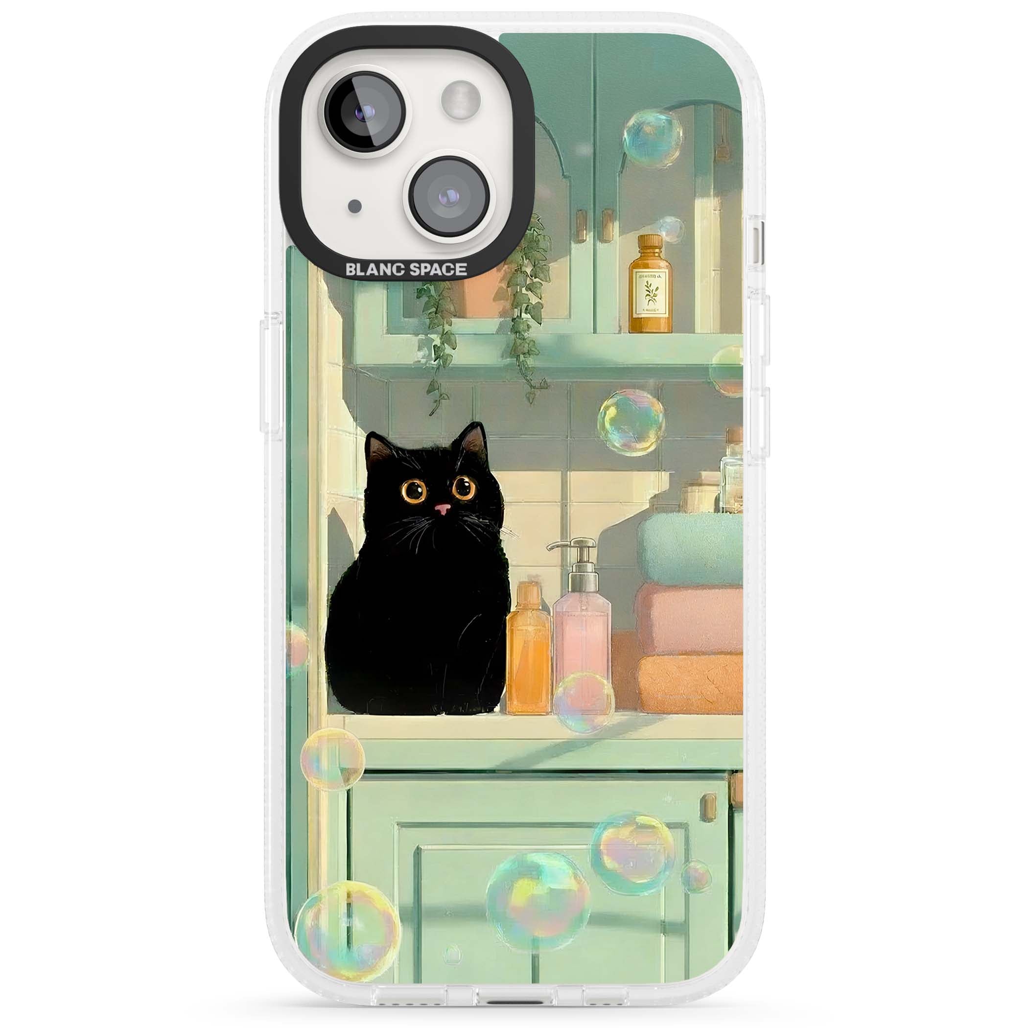 Bathroom Bubble Kitty cottagecore iPhone case featuring a black cat, mint bathroom scene and floating soap bubbles | Clear Case Impact Air case for iPhone 15, iPhone 15 Plus