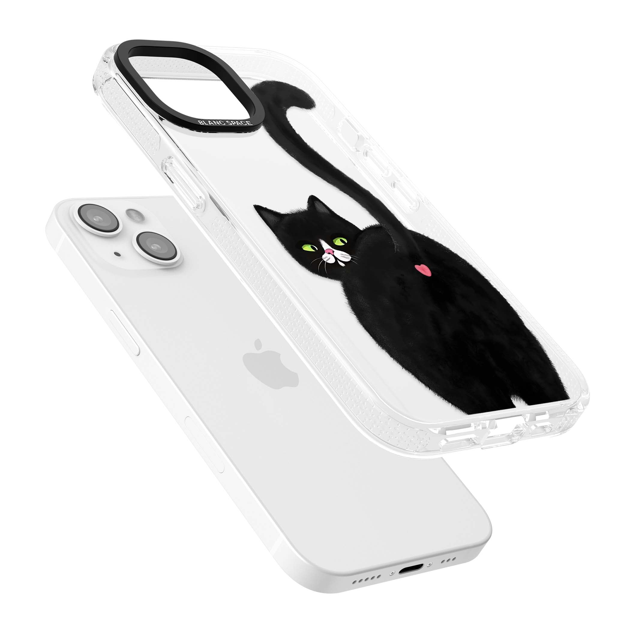 The Cat's Kiss cute cat iPhone case featuring a hand-painted tuxedo kitty with green eyes and a pink heart on a clear  | Clear Case Impact Air case for iPhone 15, iPhone 15 Plus
