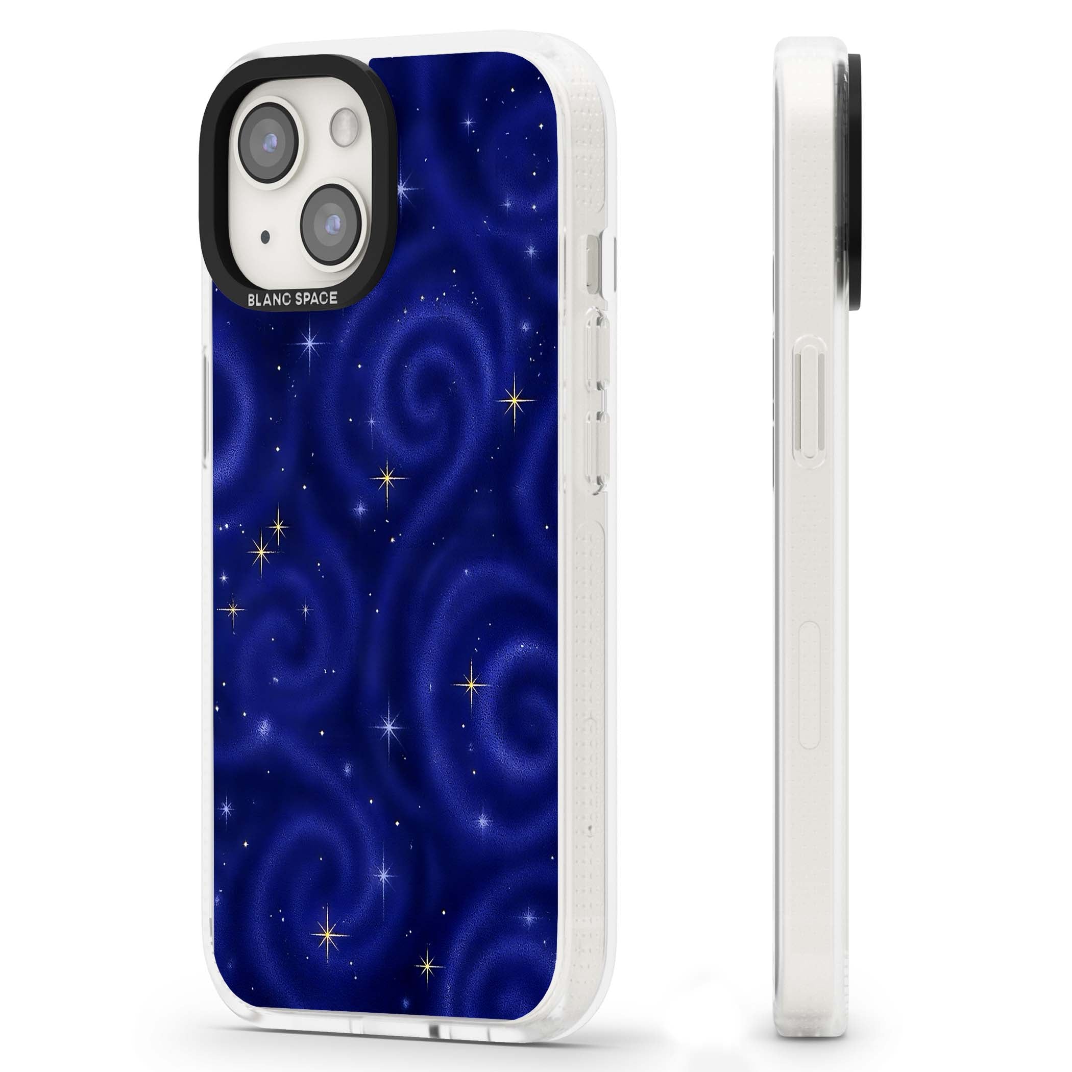 Indigo Cosmos celestial iPhone case featuring swirling navy night sky and sparkling golden stars | Clear Case Impact Air case for iPhone 15, iPhone 15 Plus