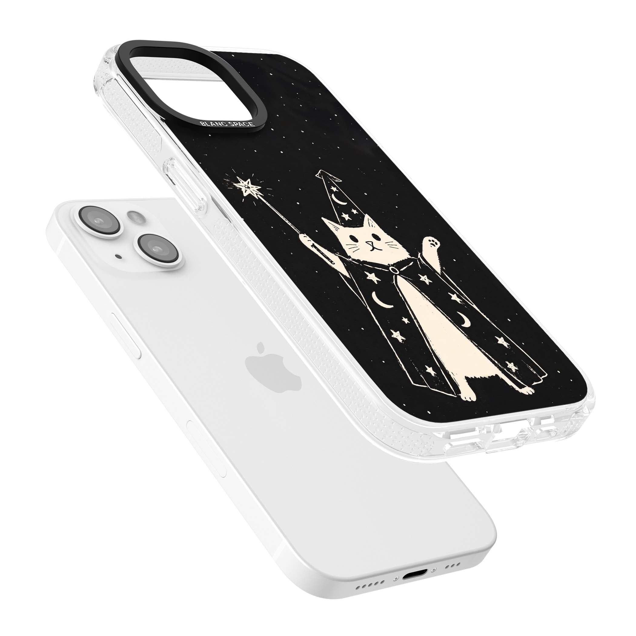 Whisker Wizard celestial cat iPhone case featuring a wizard cat with magic wand, starry night sky and crescent moons | Clear Case Impact Air case for iPhone 15, iPhone 15 Plus