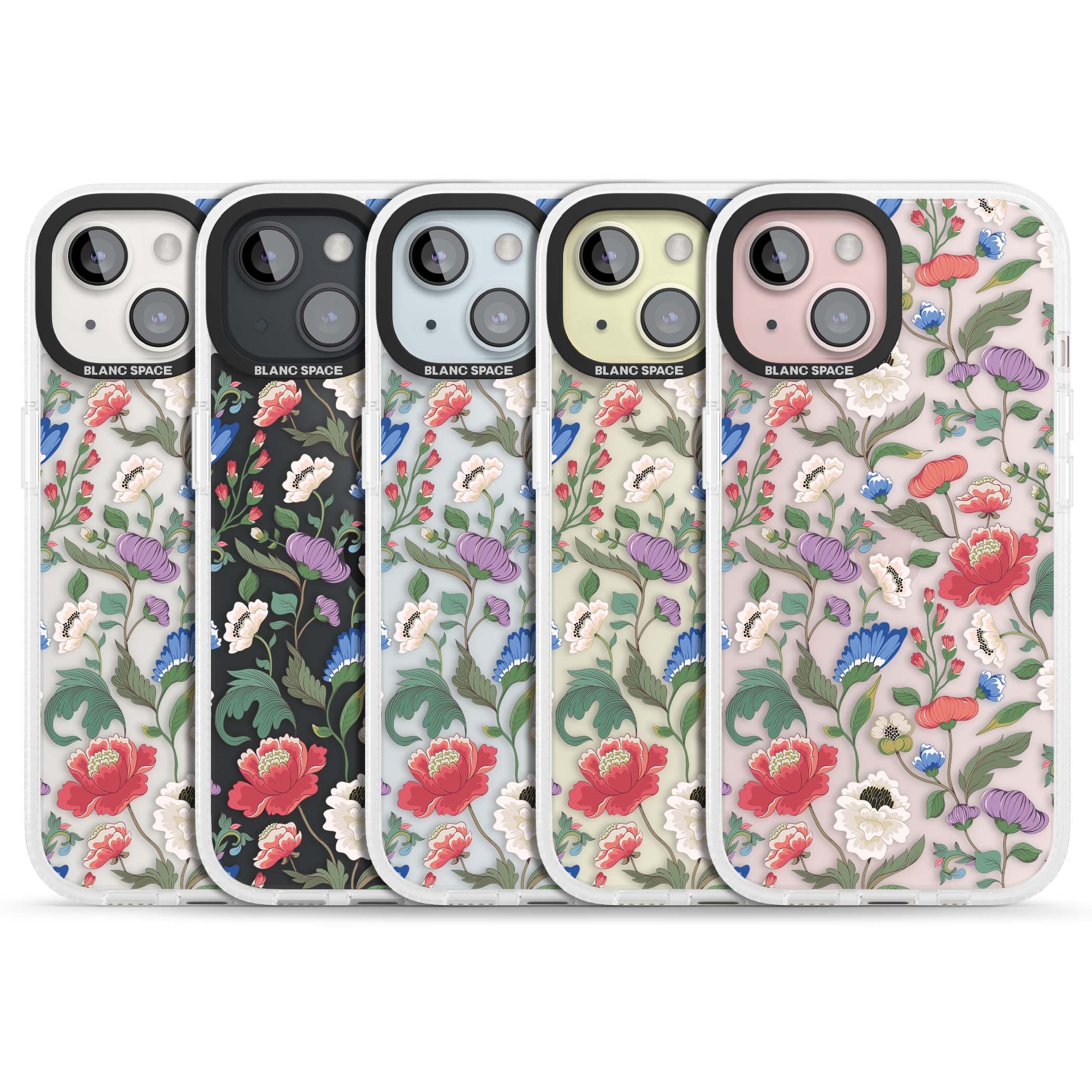 Chinoiserie Bloom vintage floral iPhone case featuring hand-painted peonies, poppies and trailing wildflowers on clear... | Clear Case Impact Air case for iPhone 15, iPhone 15 Plus