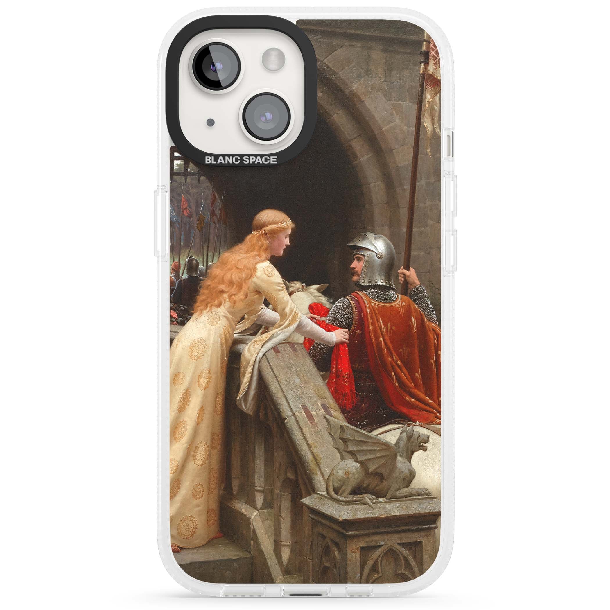 God Speed fine art iPhone case featuring Edmund Blair Leighton's medieval knight and lady beneath a stone archway | Clear Case Impact Air case for iPhone 15, iPhone 15 Plus