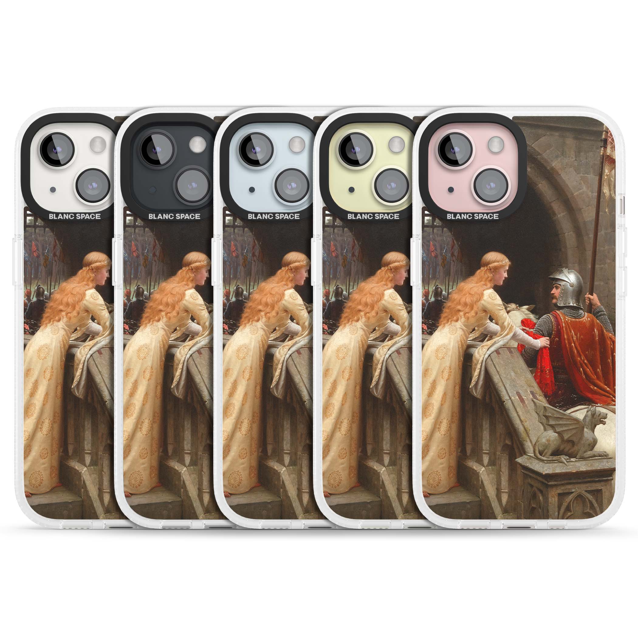God Speed fine art iPhone case featuring Edmund Blair Leighton's medieval knight and lady beneath a stone archway | Clear Case Impact Air case for iPhone 15, iPhone 15 Plus