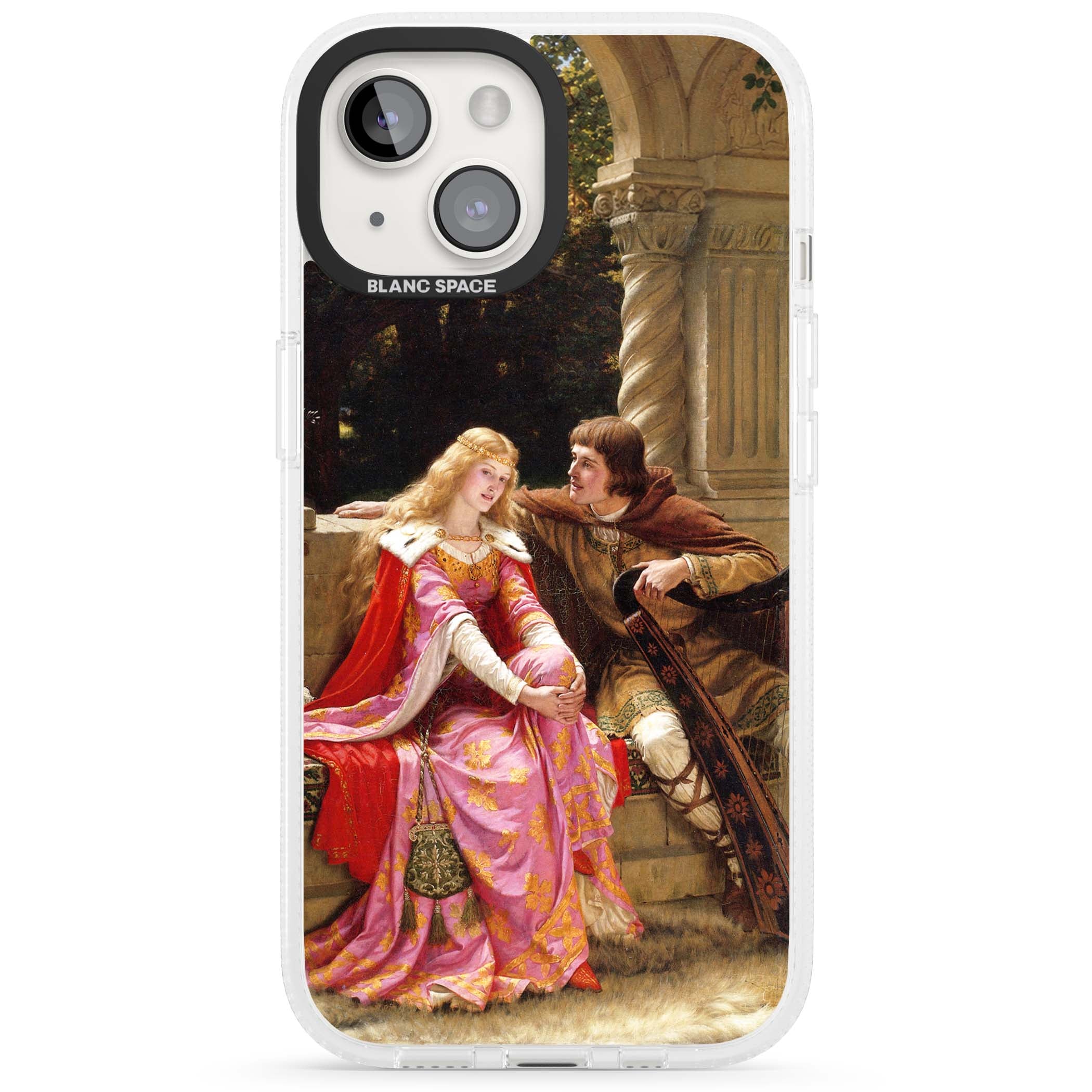 The End of the Song classic art iPhone case featuring a medieval lady in pink gown and her knight in a stone archway | Clear Case Impact Air case for iPhone 15, iPhone 15 Plus