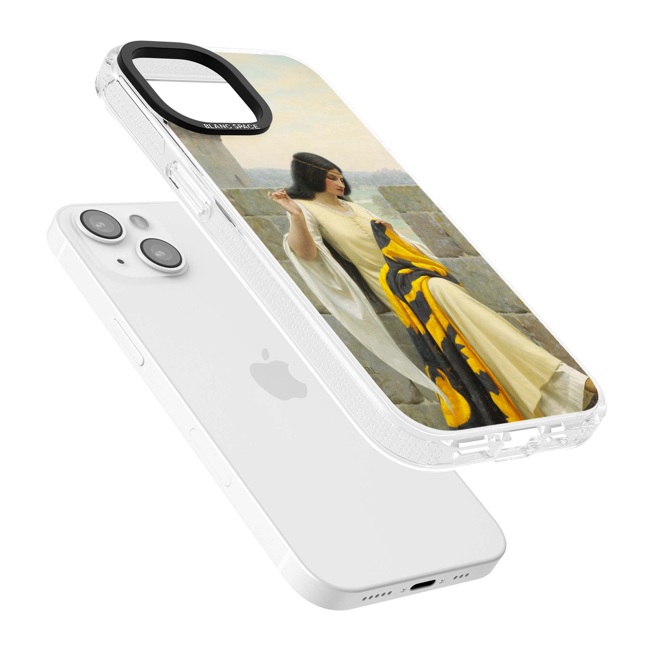 Stitching the Standard renaissance art iPhone case featuring a medieval lady sewing a golden banner on a castle wall | Clear Case Impact Air case for iPhone 15, iPhone 15 Plus