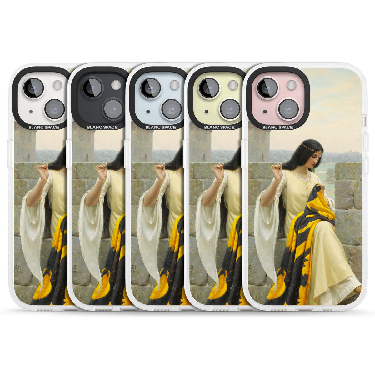 Stitching the Standard renaissance art iPhone case featuring a medieval lady sewing a golden banner on a castle wall | Clear Case Impact Air case for iPhone 15, iPhone 15 Plus