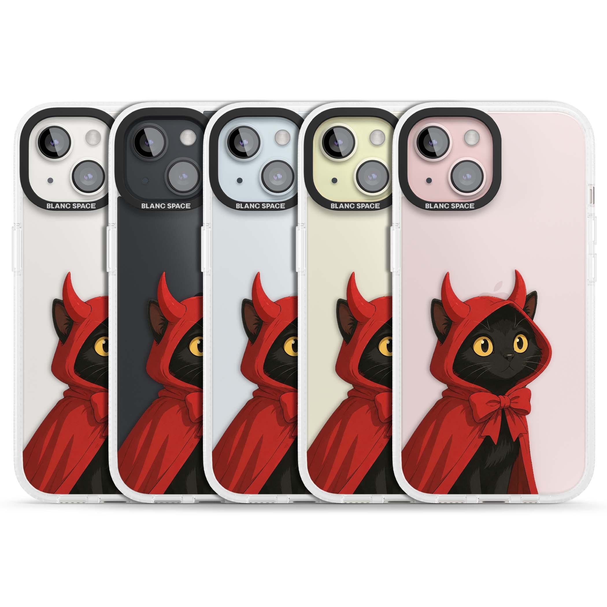 Little Devil halloween iPhone case featuring a black cat in a red hooded devil cloak with horns and golden eyes | Clear Case Impact Air case for iPhone 15, iPhone 15 Plus